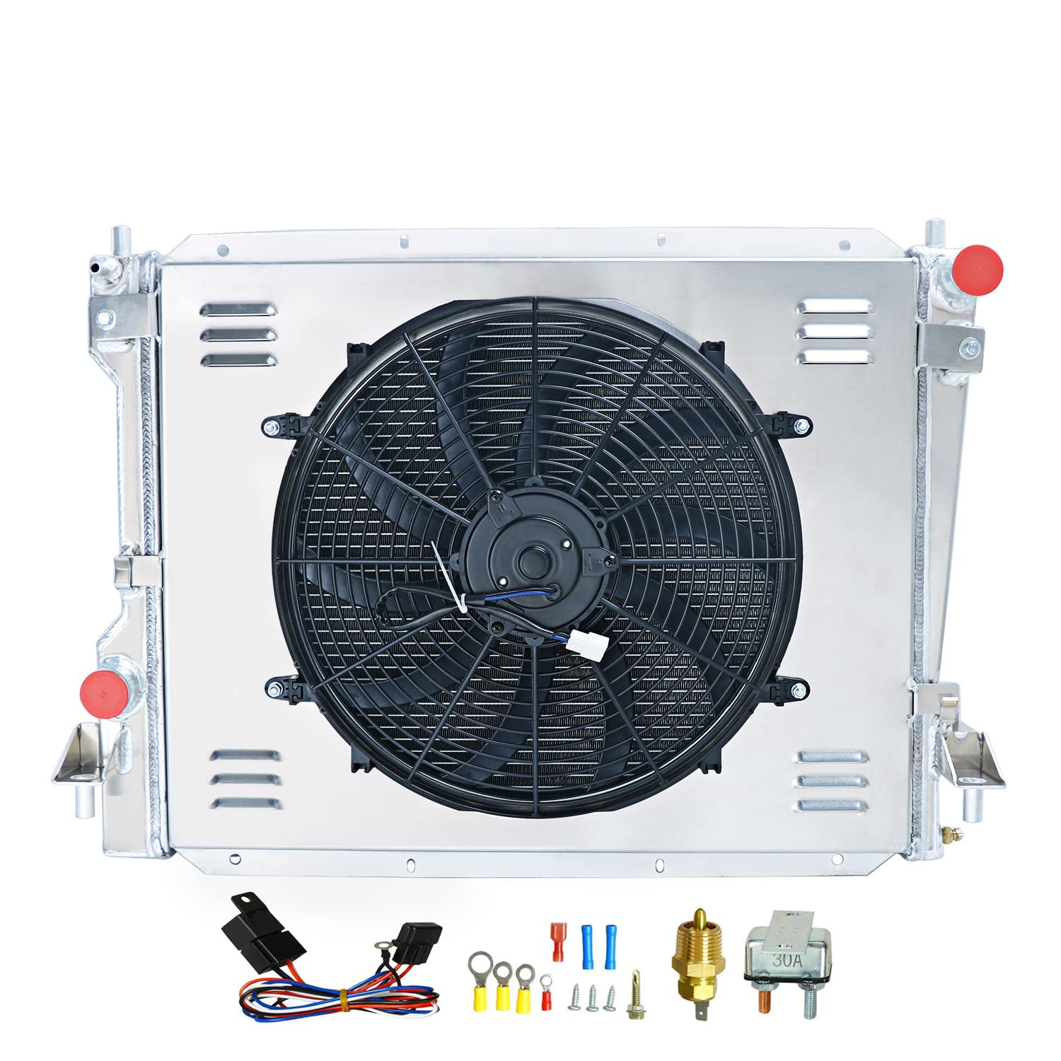 High Performance 4-Row Aluminum Radiator with Shroud & Fan Kit for 2005-2014 Ford Mustang 3.7L-5.0L V8 - Perfect for Racing, Off-Road & Daily Driving