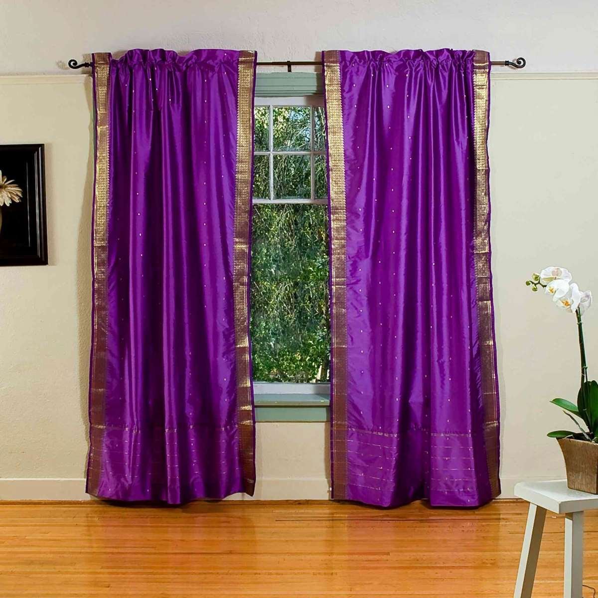 Indian Selections Lined Purple Rod Pocket Sheer Sari Curtain Drape - 80W x 108L - Elegant Window Treatment for Living Room & Bedroom