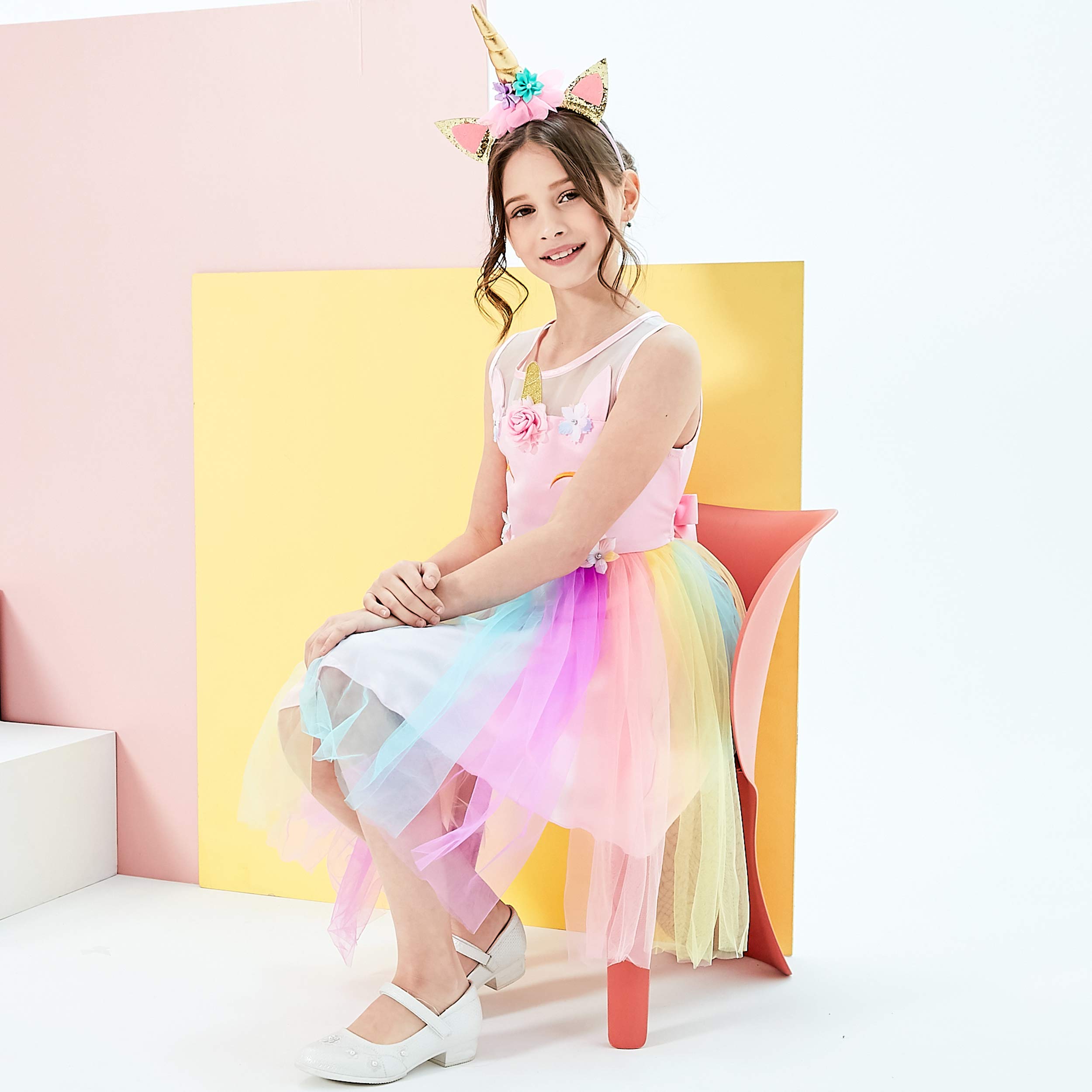 Sunny Fashion Girls Unicorn Rainbow Tulle Dress with Matching Headband - Size 4-10 for Birthday Parties & Special Occasions