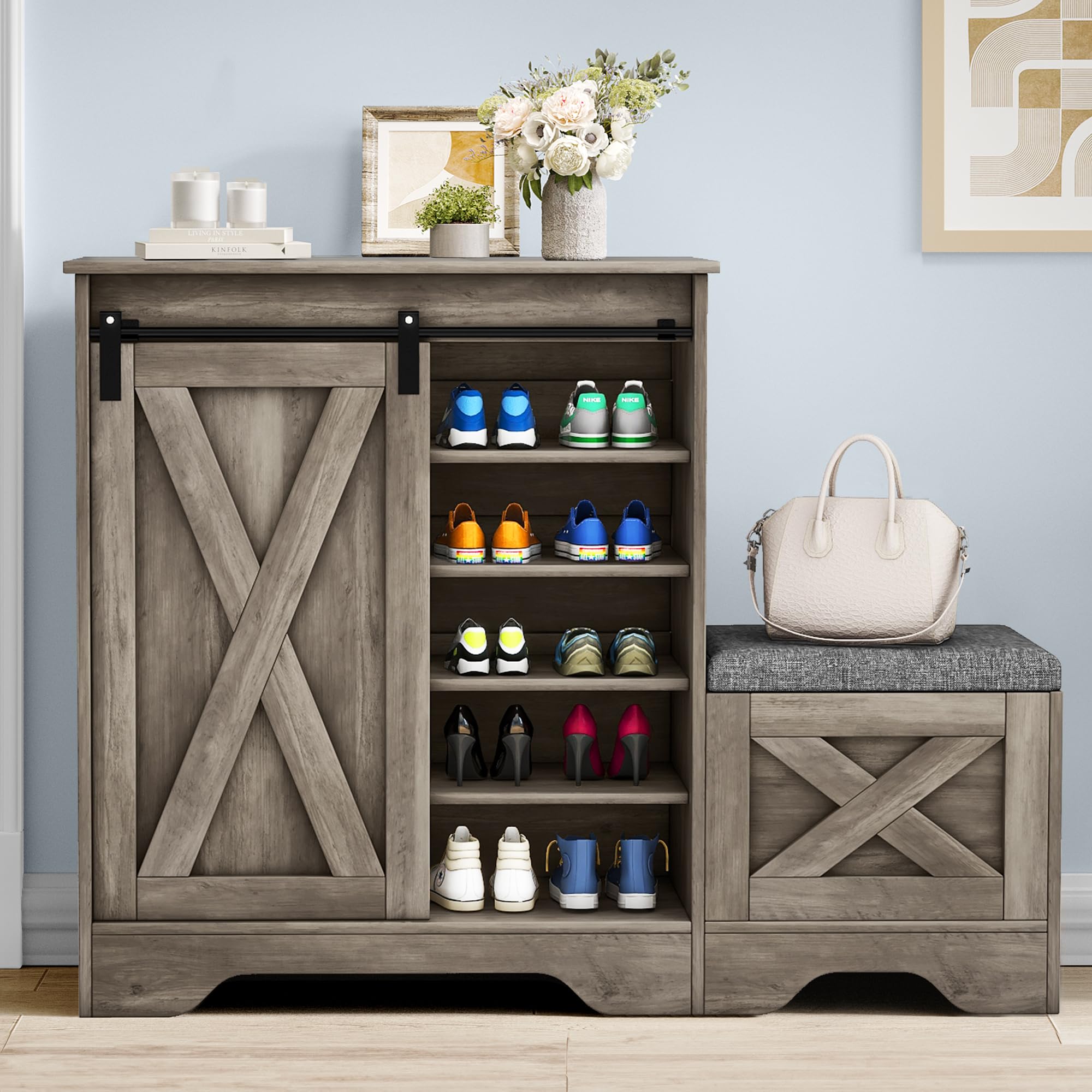 DWVO Farmhouse Shoe Storage Cabinet with Bench - 5-Tier Adjustable Shelf Organizer Holds 20 Pairs of Shoes - Narrow Sliding Door Entryway Shoe Rack for Hallway, Living Room & Bedroom - Perfect for Small Spaces & Home Organization (Washed Grey)