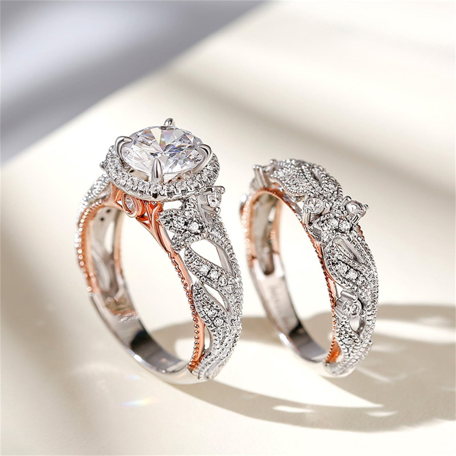 Jeulia 4 Carat Openwork Wedding Ring Set for Women - 925 Sterling Silver & Rose Gold Round Cut Halo Engagement Ring with White Diamond & CZ Band - Perfect for Anniversary, Promise, and Bridal Jewelry Gifts
