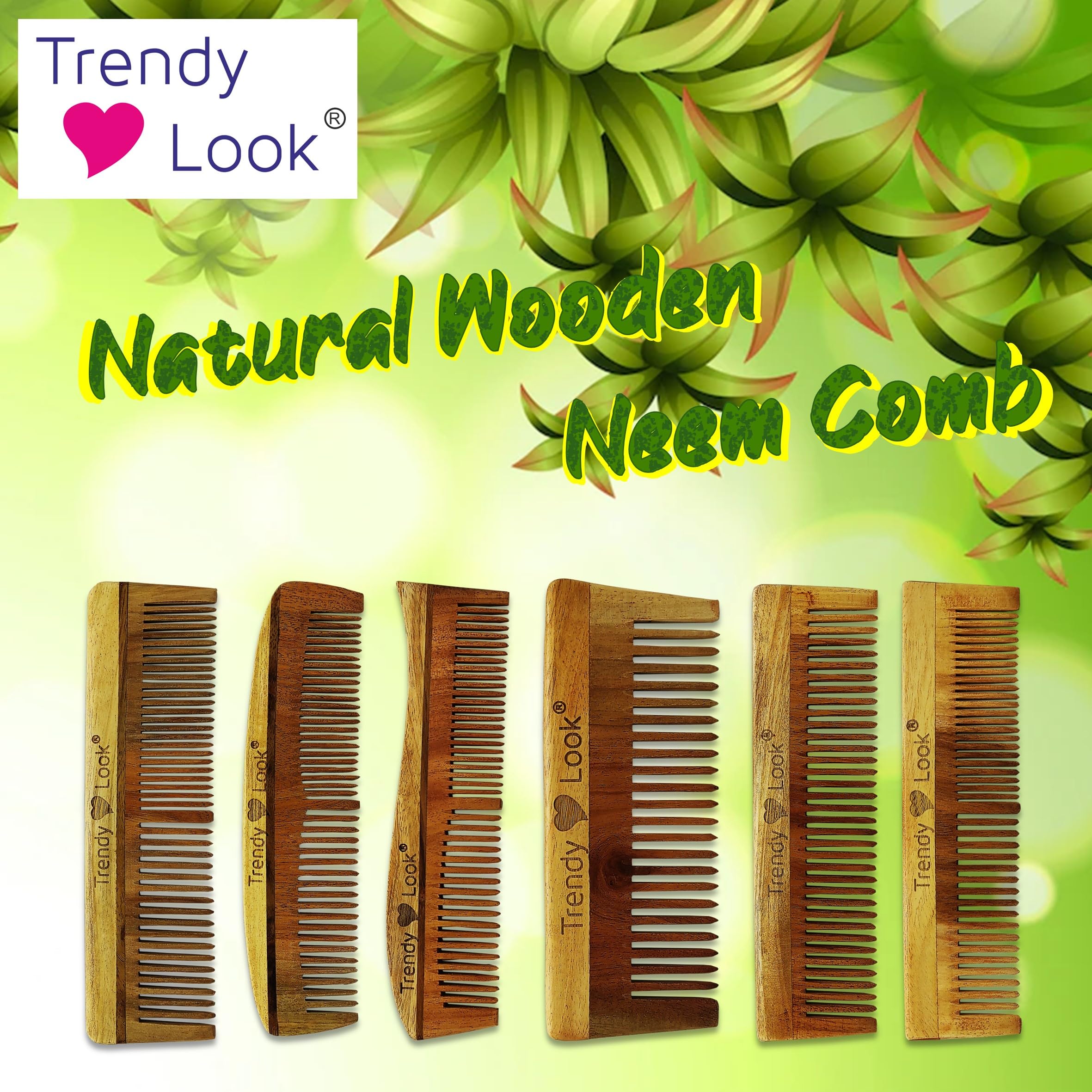 Trendy Multi-Action Detangling Frizz Control Neem Wooden Comb - Double Teeth Lily Design for Smooth Hair & Scalp Care | Perfect for Daily Styling, Travel & Salon Use