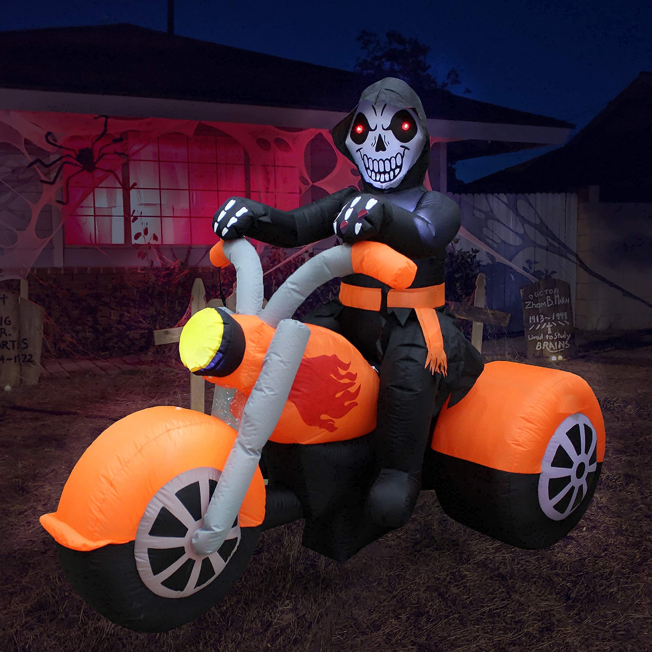 **6FT Inflatable Skeleton Ghost Riding Motorcycle & 7.5FT LED Halloween Pumpkin Patch Decorations Bundle – Spooky Outdoor Party Decor for Halloween, Yard, Haunted House, and Themed Events**
