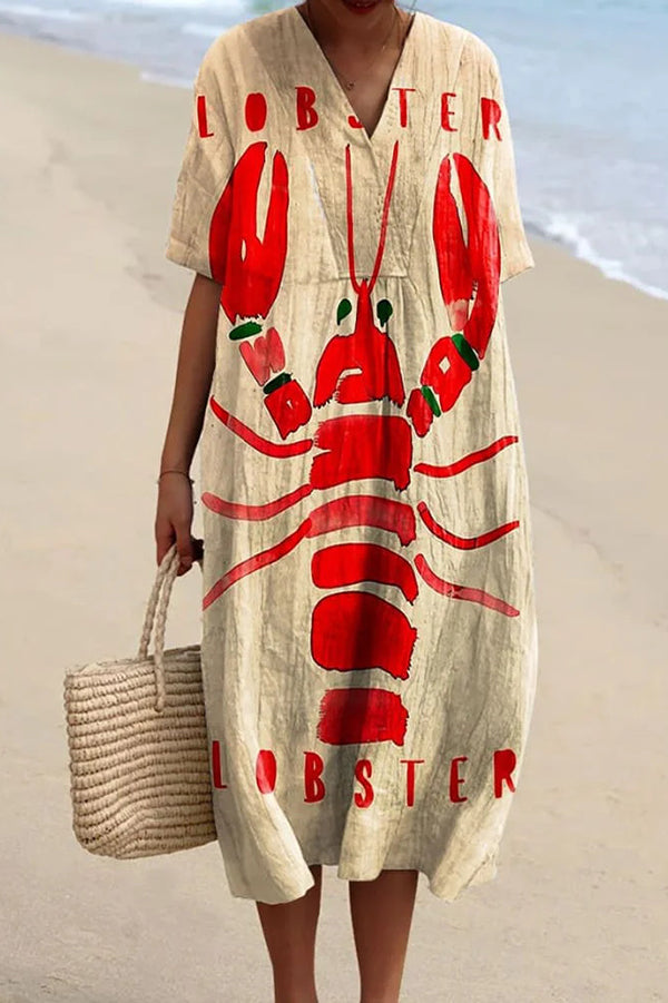 Stylish Marine Print V-Neck Short Sleeve Midi Dress for Women | Beach Vacation, Summer Party & Casual Outfit