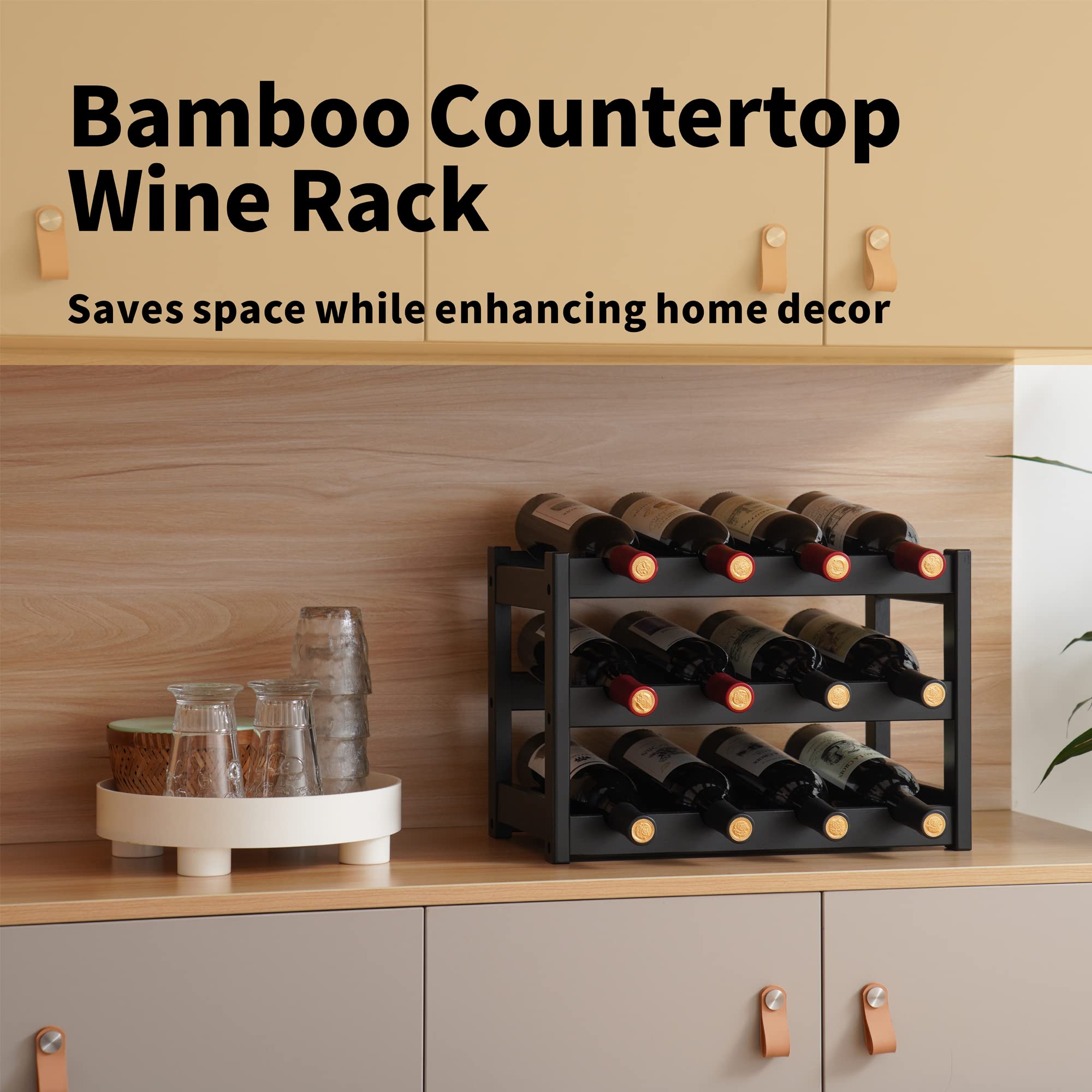 VASMIA 3-Tier Bamboo Wine Rack - Holds 12 Bottles, Sturdy & Durable Wine Storage Cabinet for Kitchen, Pantry, Bar Countertop - Black | Perfect for Home Entertaining, Wine Cellar Organization & Space Saving Storage