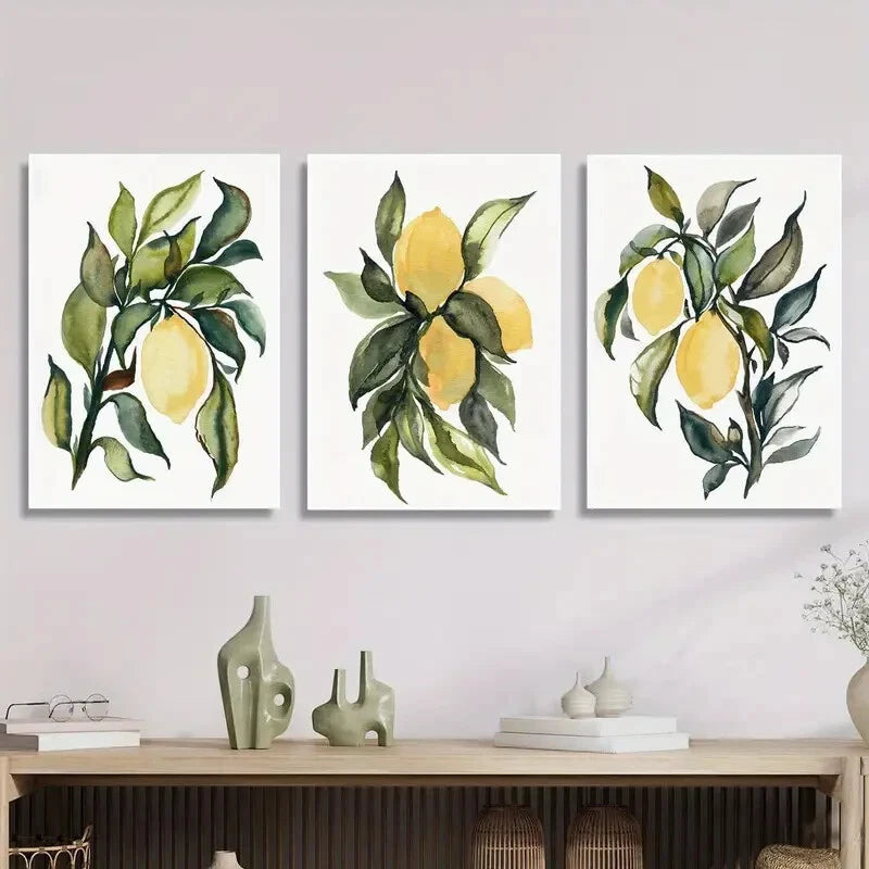 3-Piece Botanical Fruit Illustrations with Green Leaf - Metal Wall Art Prints Ready to Hang - Perfect for Kitchen, Dining Room & Home Decor