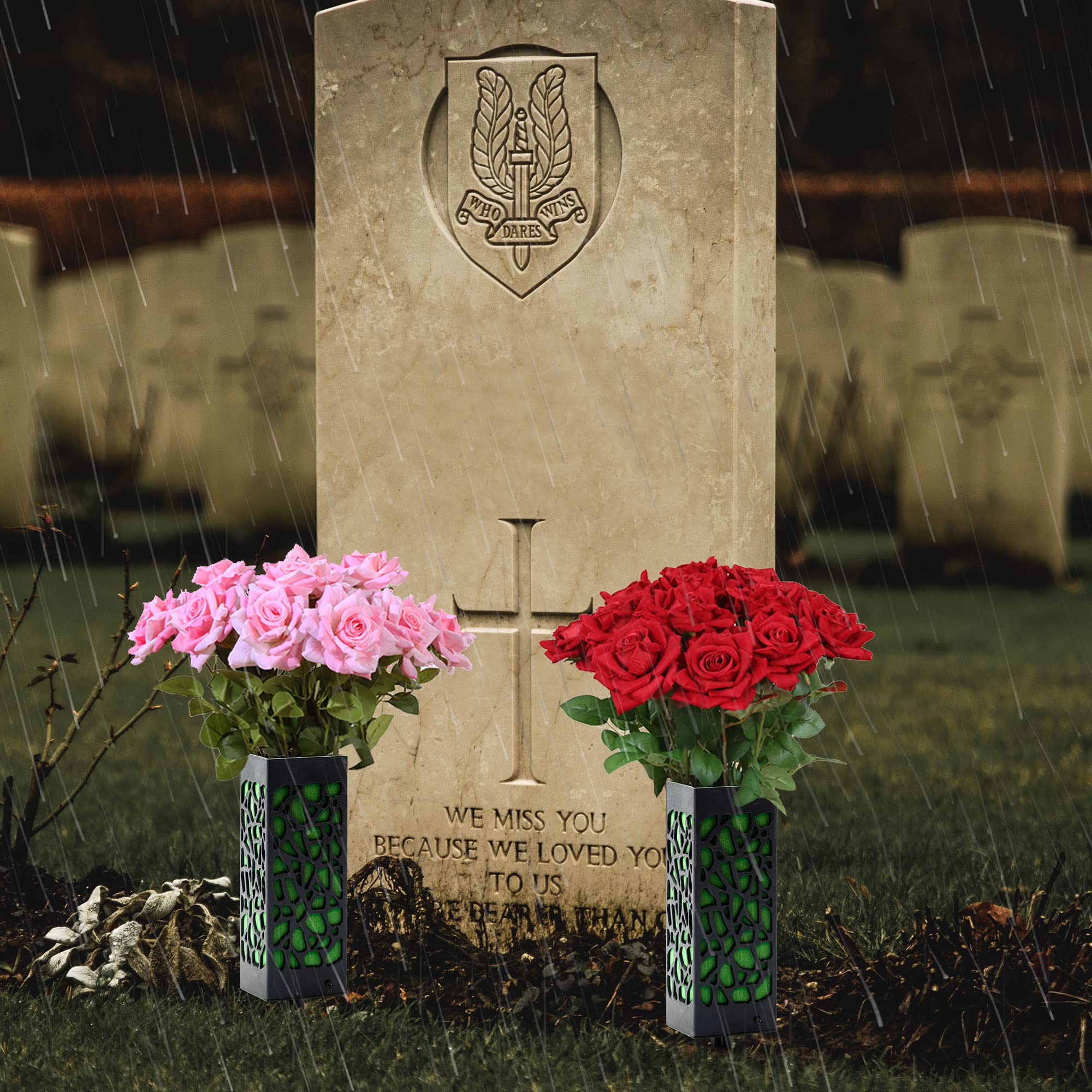 Durable Plastic Cemetery Vases with Foam - 2 Pack In-Ground Flower Holders with Spikes for Graves | Perfect for Memorial Day Decorations & Cemetery Floral Arrangements