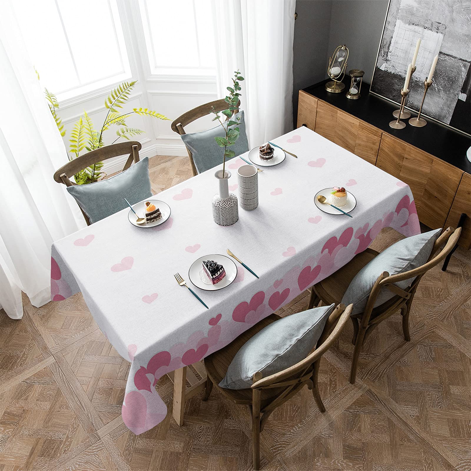 Valentine's Day Tablecloth 60x120 Inch Waterproof Spillproof Polyester Table Cover for Dining Tables - Romantic Pink Heart Design for Indoor Outdoor Parties, Gatherings & Romantic Dinners