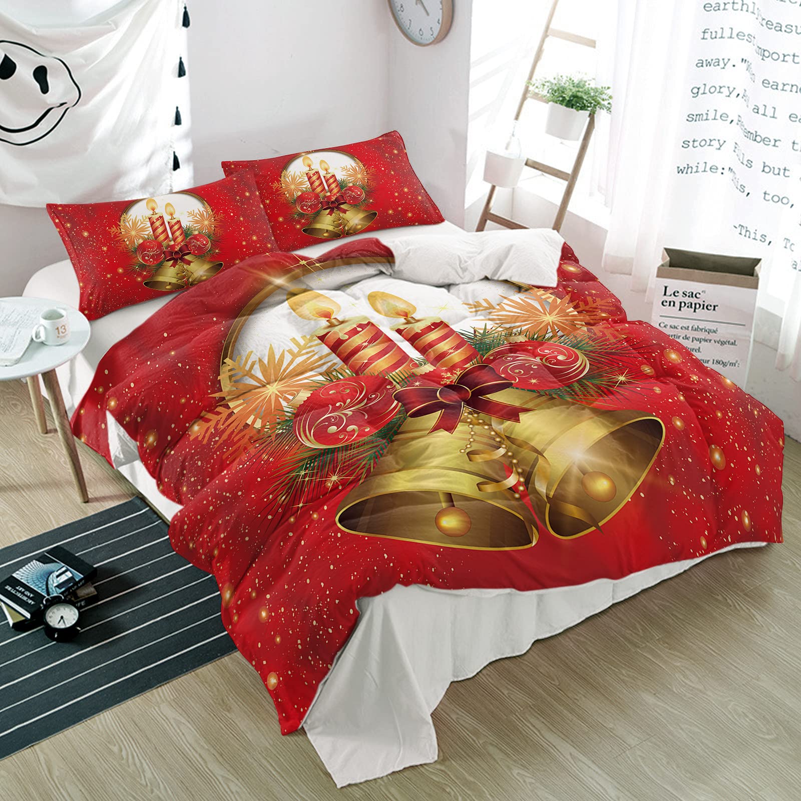 3-Piece Christmas Bedding Set - Merry Christmas Bell Candles, Red Berry Bow & Snowflake Design - Ultra Soft Quilt Cover & Pillow Shams - Winter Holiday Home Decor for Bedroom - All Seasons Duvet Cover Set - Perfect for Cozy Winter Nights & Festive Home Styling