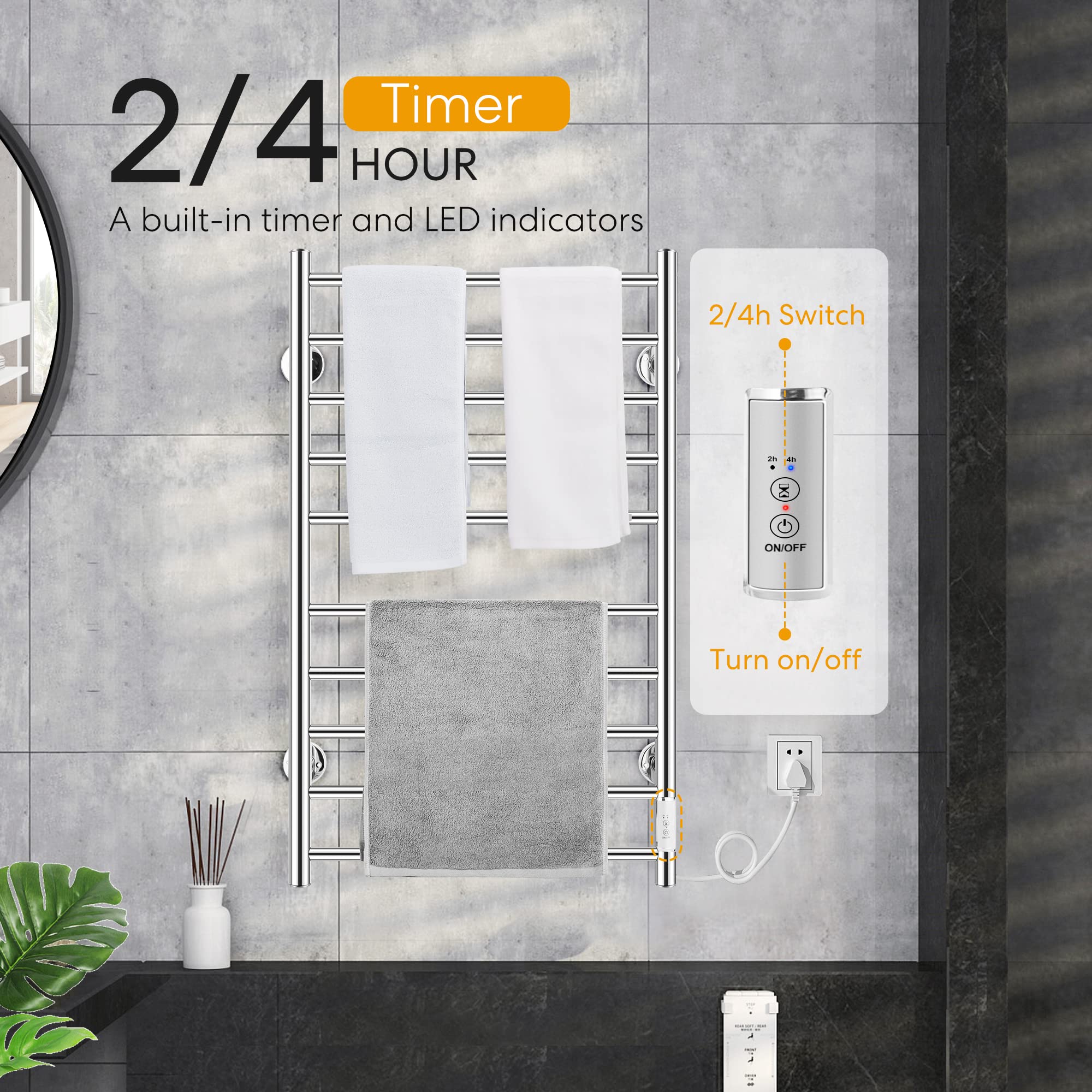 VIVOHOME Electric Heated Towel Rack - Wall Mounted Bathroom Towel Warmer with 10 Stainless Steel Bars - Perfect for Spa, Luxury Hotels & Cozy Home Bathrooms