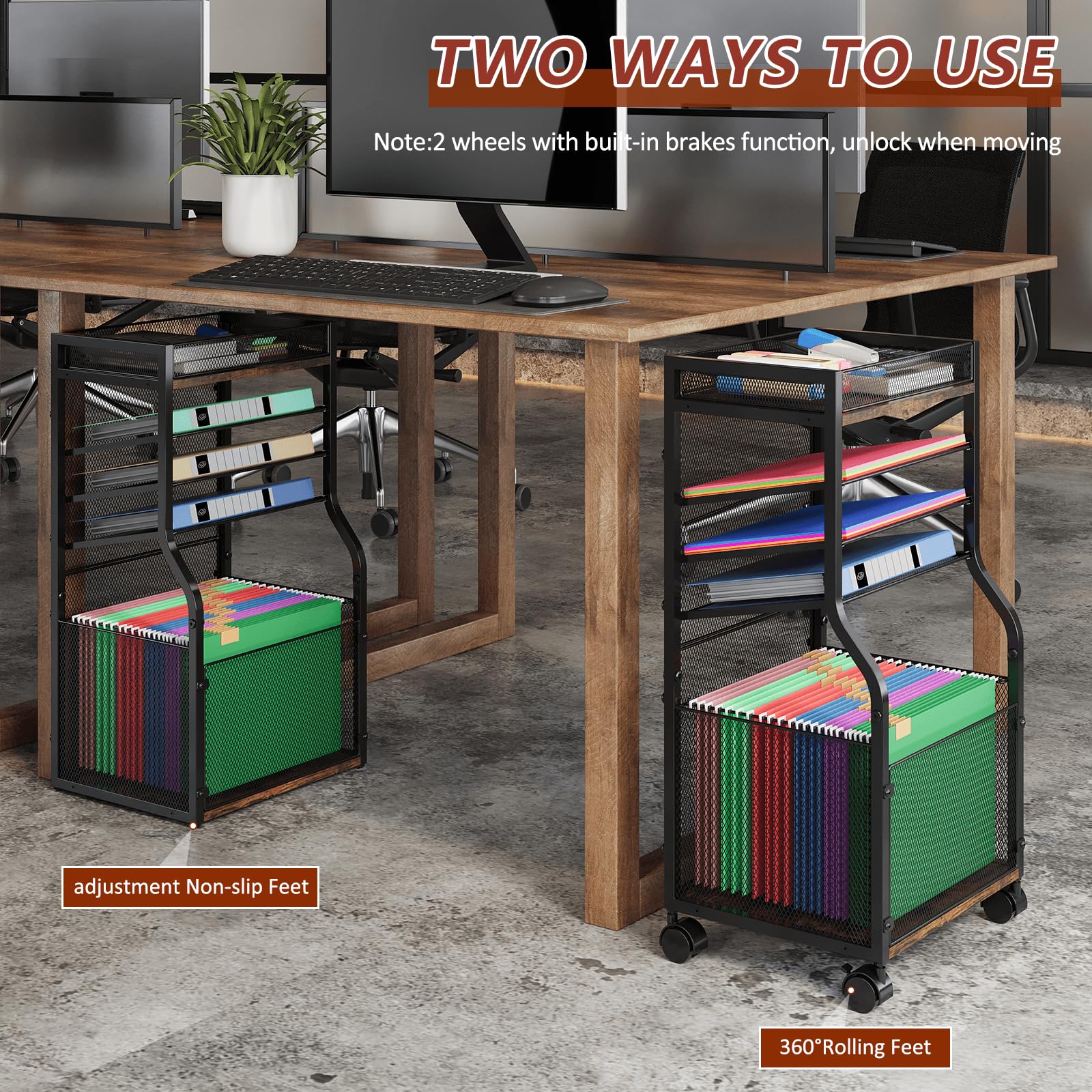 5-Tier Rolling File Cart with Hanging Folders - Mobile Desk Organizer with Lockable Wheels, Wood & Mesh Paper Trays for Office, Home & School Use - Perfect for Document Storage, Classroom Organization and Home Office Filing