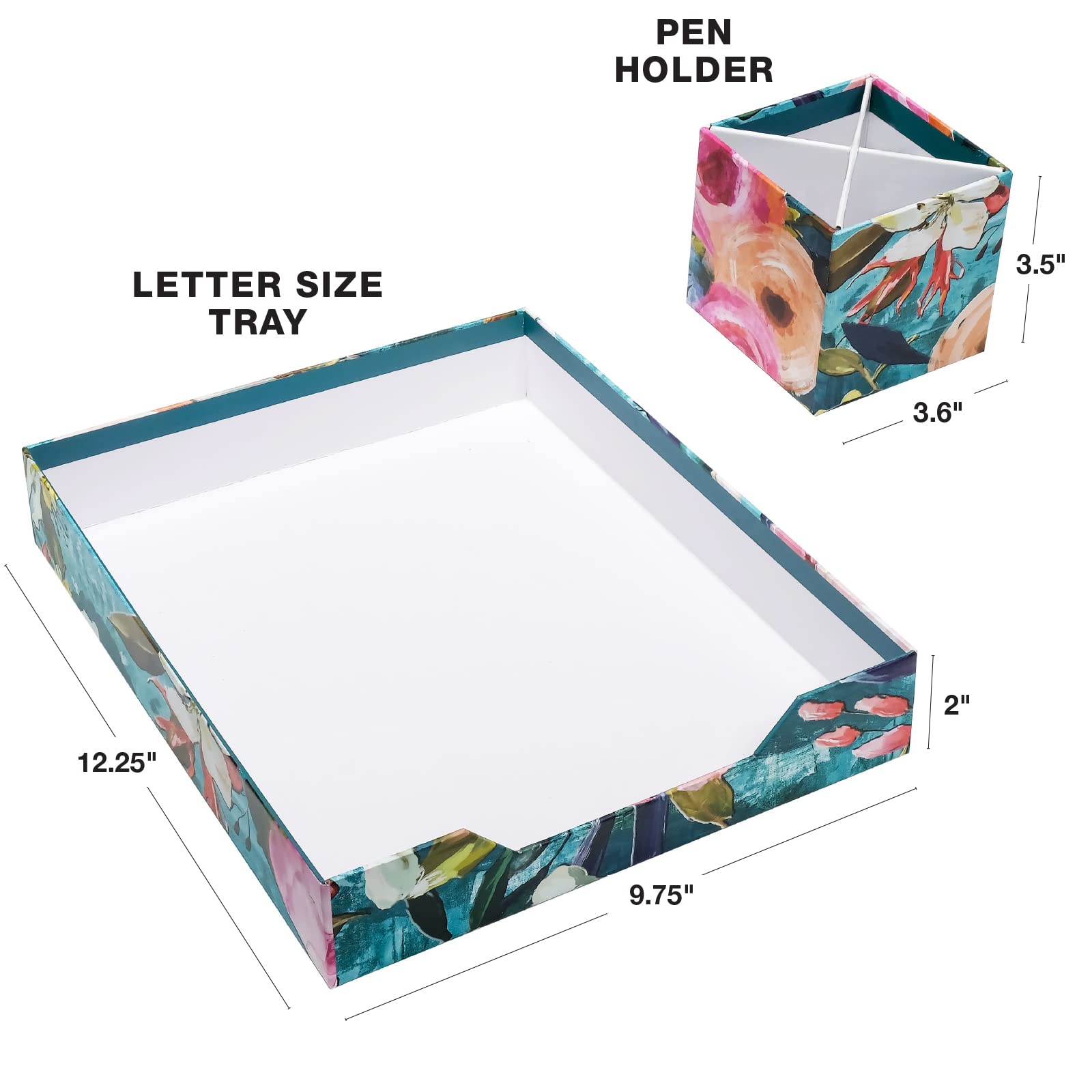 Floral Printed Desk Organizer Set - Letter Tray, Folder Stand, 3-Section Organizer & Pen Holder - Stylish Home Office Organization for Work & Study