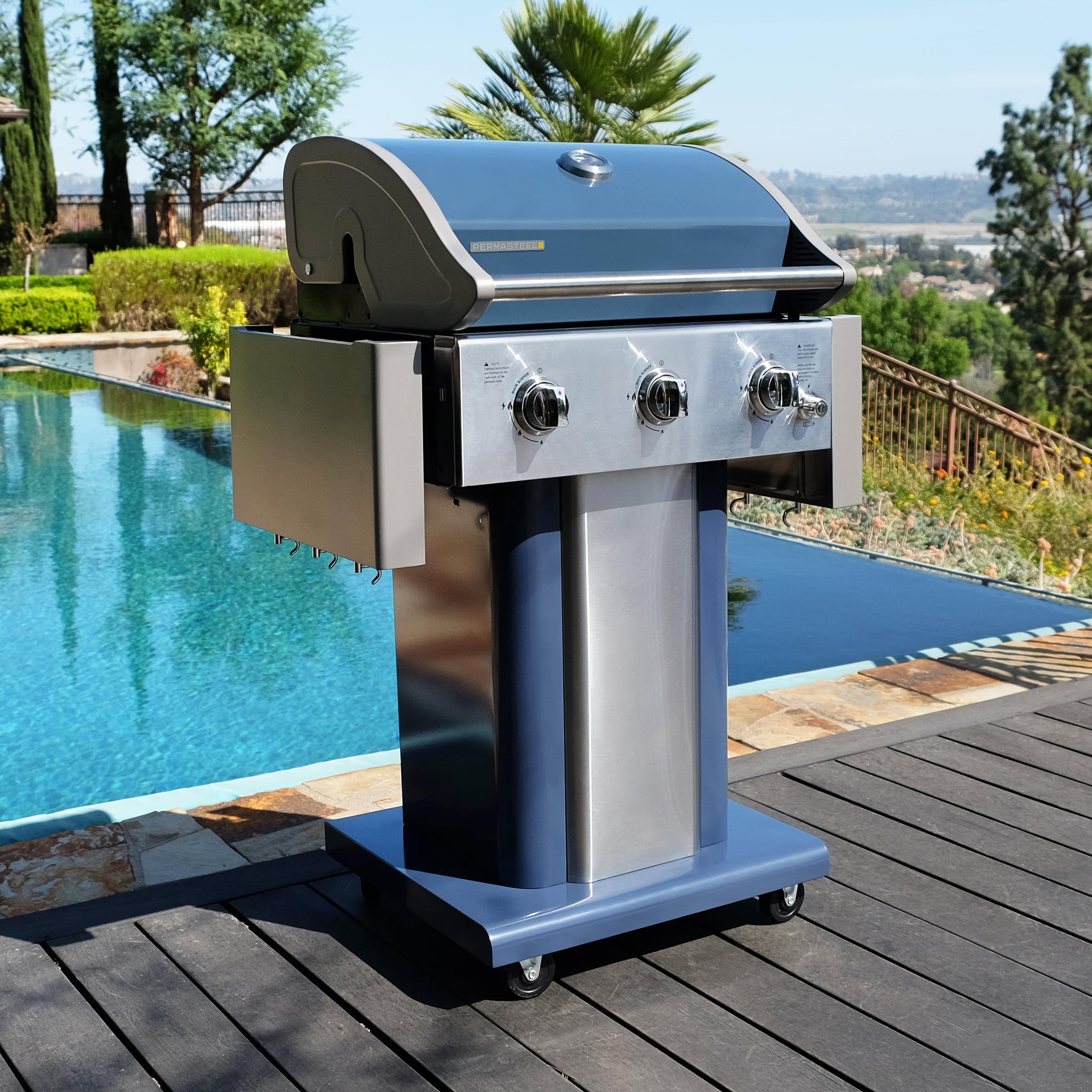 Premium Permasteel 3-Burner Propane Gas Grill - 30,000 BTU Outdoor BBQ Grill with Cast Iron Grates, Foldable Side Tables & Tool Hooks - Perfect for Backyard, Patio, and Camping - Azure Blue