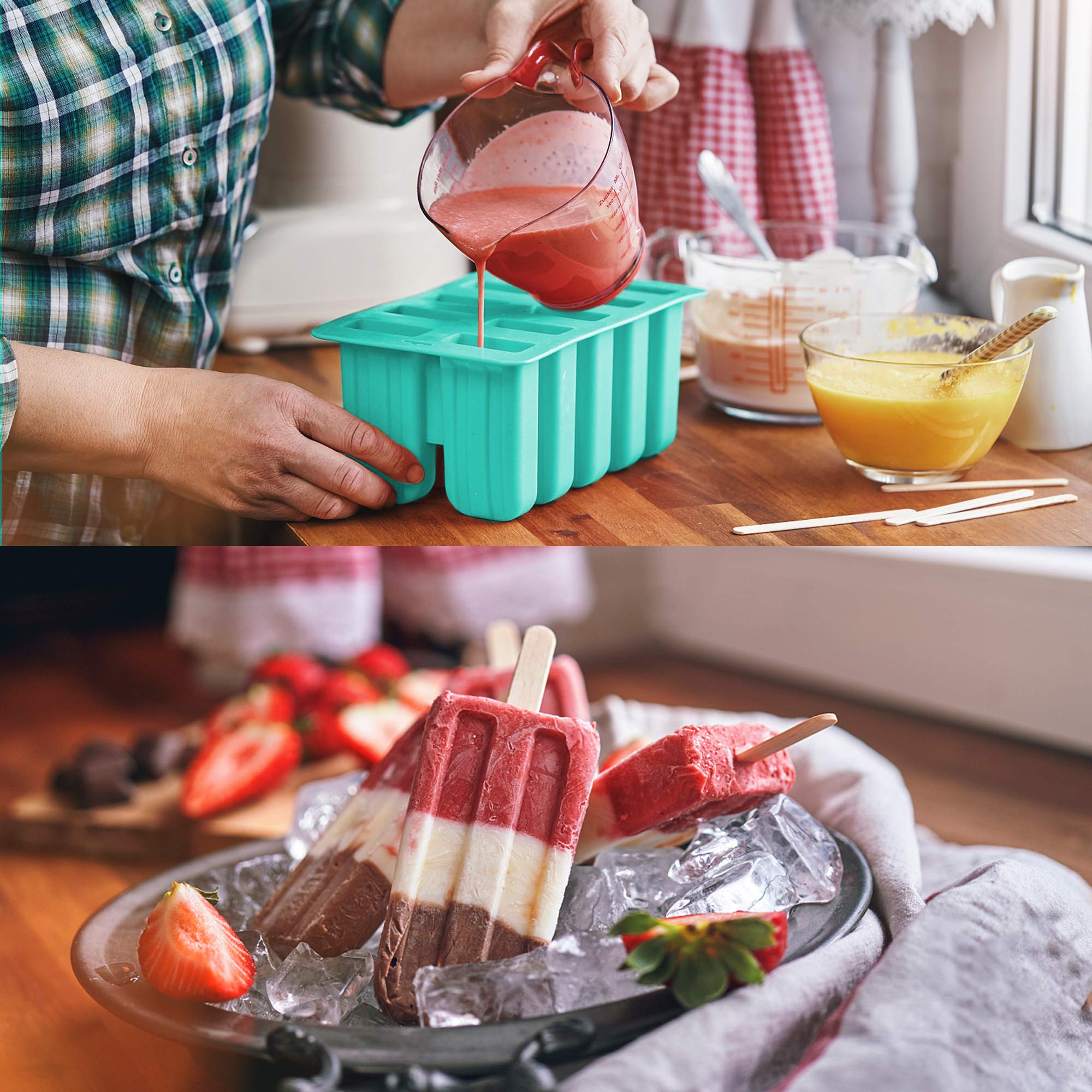 Ozera 10-Cavity Silicone Popsicle Molds for Homemade Ice Pops - Includes 50 Popsicle Sticks & 50 Storage Bags - Perfect for Summer Treats, Kids Snacks, and Healthy Frozen Desserts