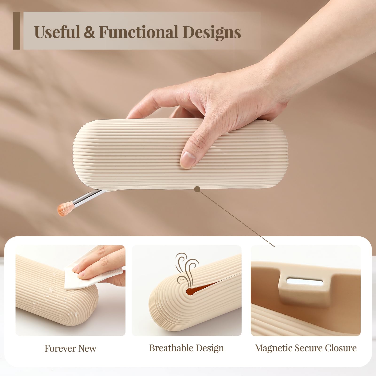 **LANDNEOO Magnetic Travel Makeup Brush Holder – Large Anti-Fall Silicone Cosmetic Organizer Bag, Portable Face Brush Case & Toiletry Pouch – Perfect for Travel, Home, and Salon Use (Khaki)**