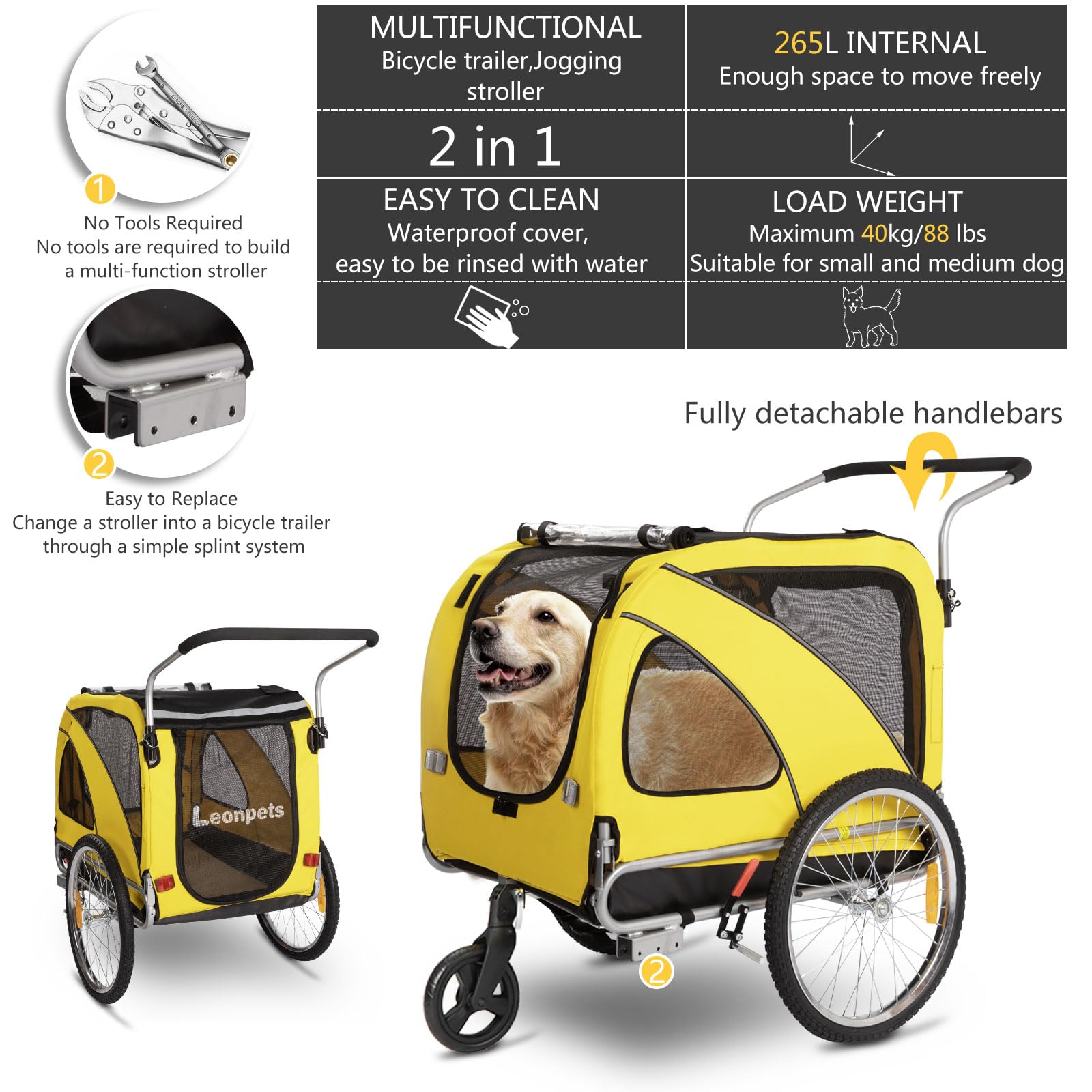 Sepnine 2-in-1 Large Dog Bike Trailer & Pet Stroller - Foldable Frame with Hand Lock Brakes, Universal Bicycle Coupler (Yellow) - Perfect for Cycling Adventures & Outdoor Walks with Your Dog