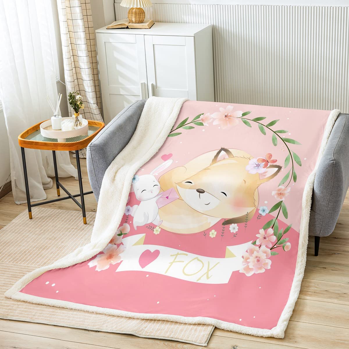 Feelyou Kids Cartoon Fox Plush Blanket - Soft Fleece Throw for Boys & Girls, Kawaii Animal Sherpa Blanket, Cozy Fuzzy Blanket for Sofa, Bed, Couch - Pink, 30x40 Inches - Perfect for Nap Time, Movie Nights & Winter Snuggles