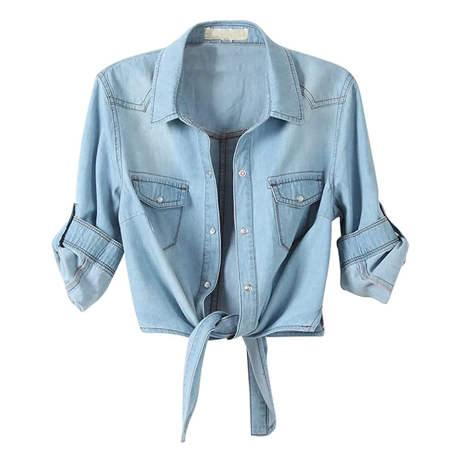 Women's Denim Button Down Shirt - Long Sleeve Tie Front Crop Top with 3/4 Jean Jacket Style (Blue, XXL) | Casual Outfits, Date Night, Office Wear & Spring Fashion