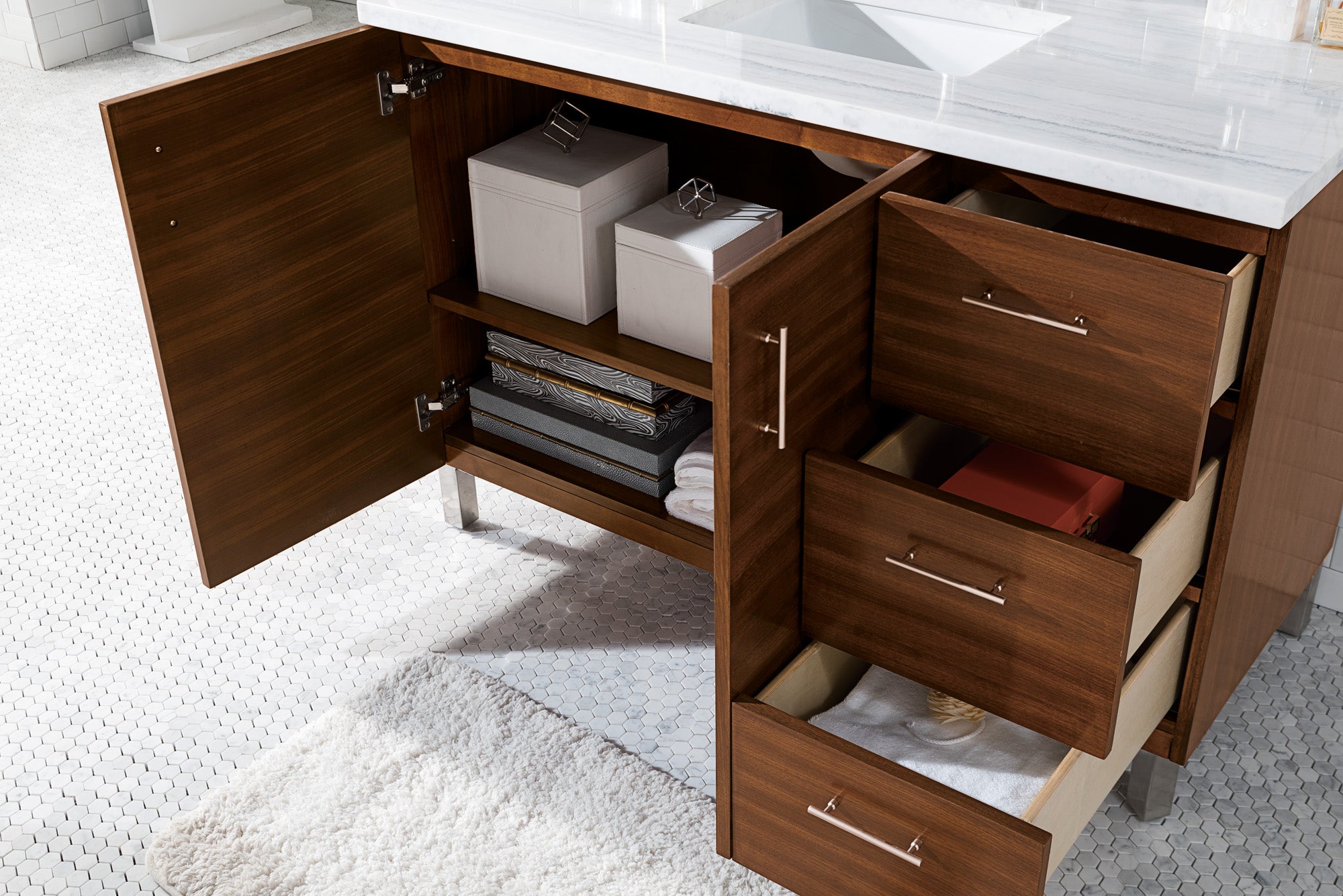 48 Inch American Walnut Single Bathroom Vanity with 3CM Arctic Fall Solid Surface Countertop | Modern Farmhouse Style for Master Bath & Powder Room