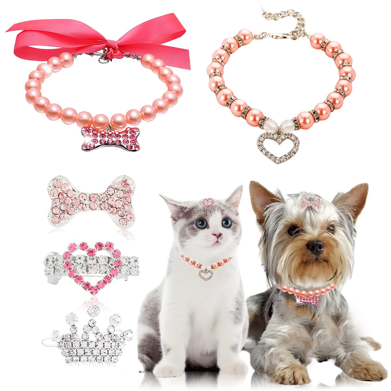 Sparkling Dog Tiara & Pearl Necklace Set for Small Medium Dogs - Rhinestone Crystal Crown with Heart & Bone Charms, Hair Clips & Barrette Accessories | Perfect for Pet Birthday Parties, Photo Shoots & Special Occasions