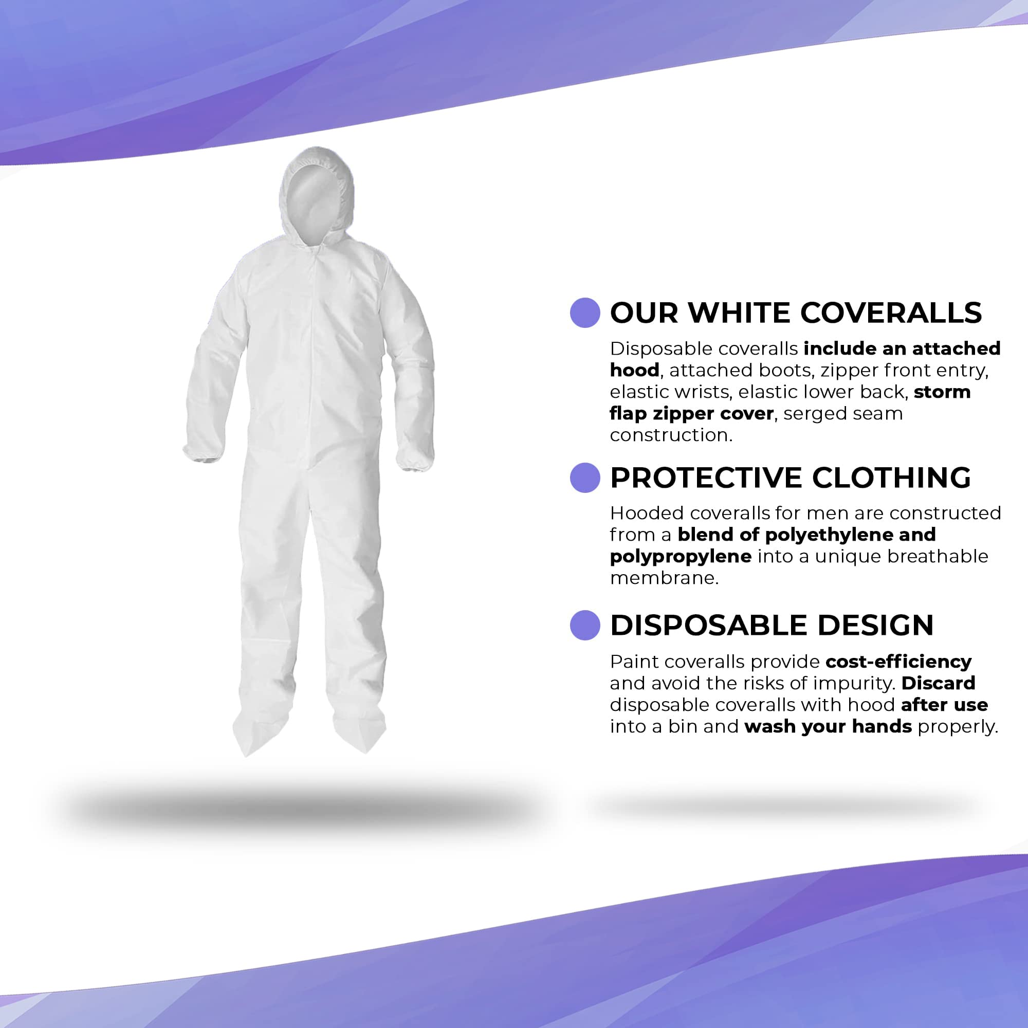 AMZ Medical Supply White Disposable Coveralls with Hood & Boots - X-Large (Pack of 5) - Microporous Lab Coveralls for Men & Women - 60 GSM Painters Suit with Elastic Wrist, Lower Back & Zipper - Ideal for Medical, Construction, Painting & Hazardous Work Environments