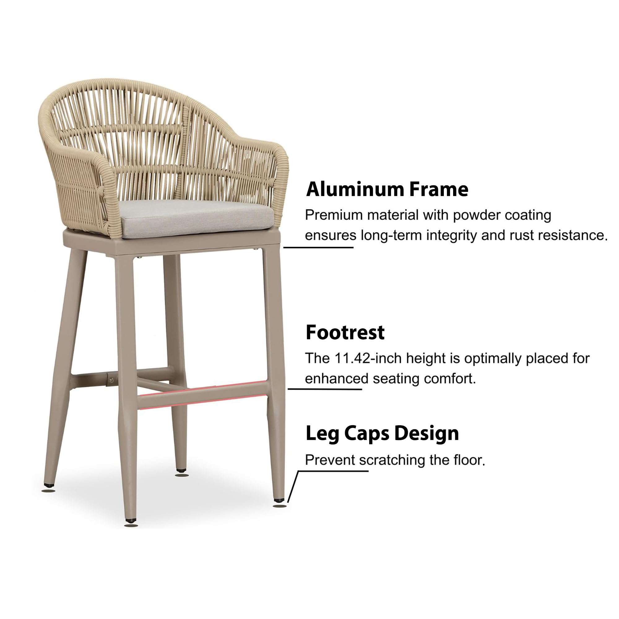 PURPLE LEAF Outdoor Bar Stools Set of 2 - Modern Wicker Rattan Bar Height Chairs with Back & Cushions - Durable Aluminum Frame for Patio, Balcony, Garden, Kitchen - Perfect for Entertaining & Relaxing Outdoors
