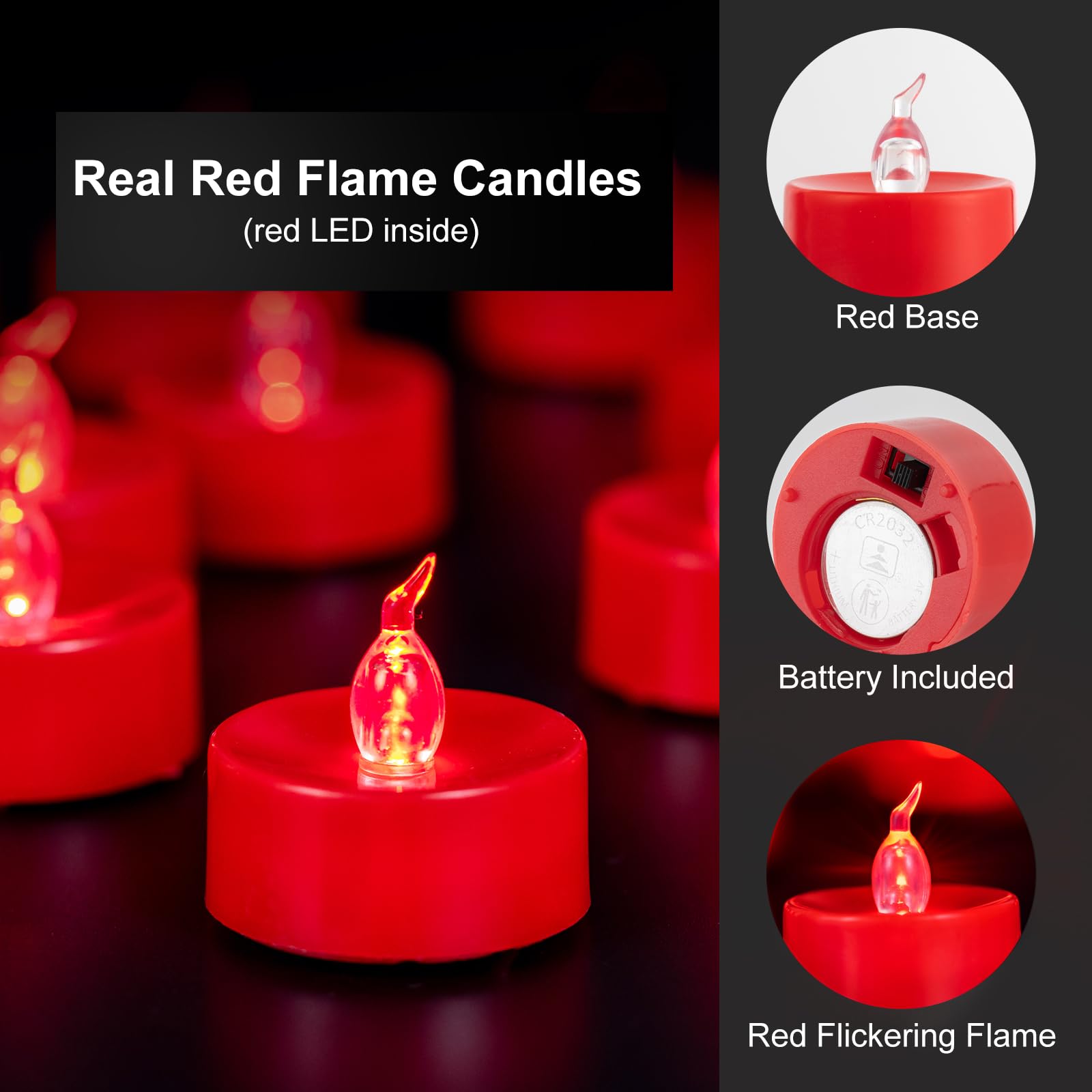 24 PCS Red Flickering Flame LED Tea Lights - Battery Operated Flameless Candles for Halloween, Christmas, Weddings & Home Decor - Safe Realistic Fake Candles with No Remote/Timer
