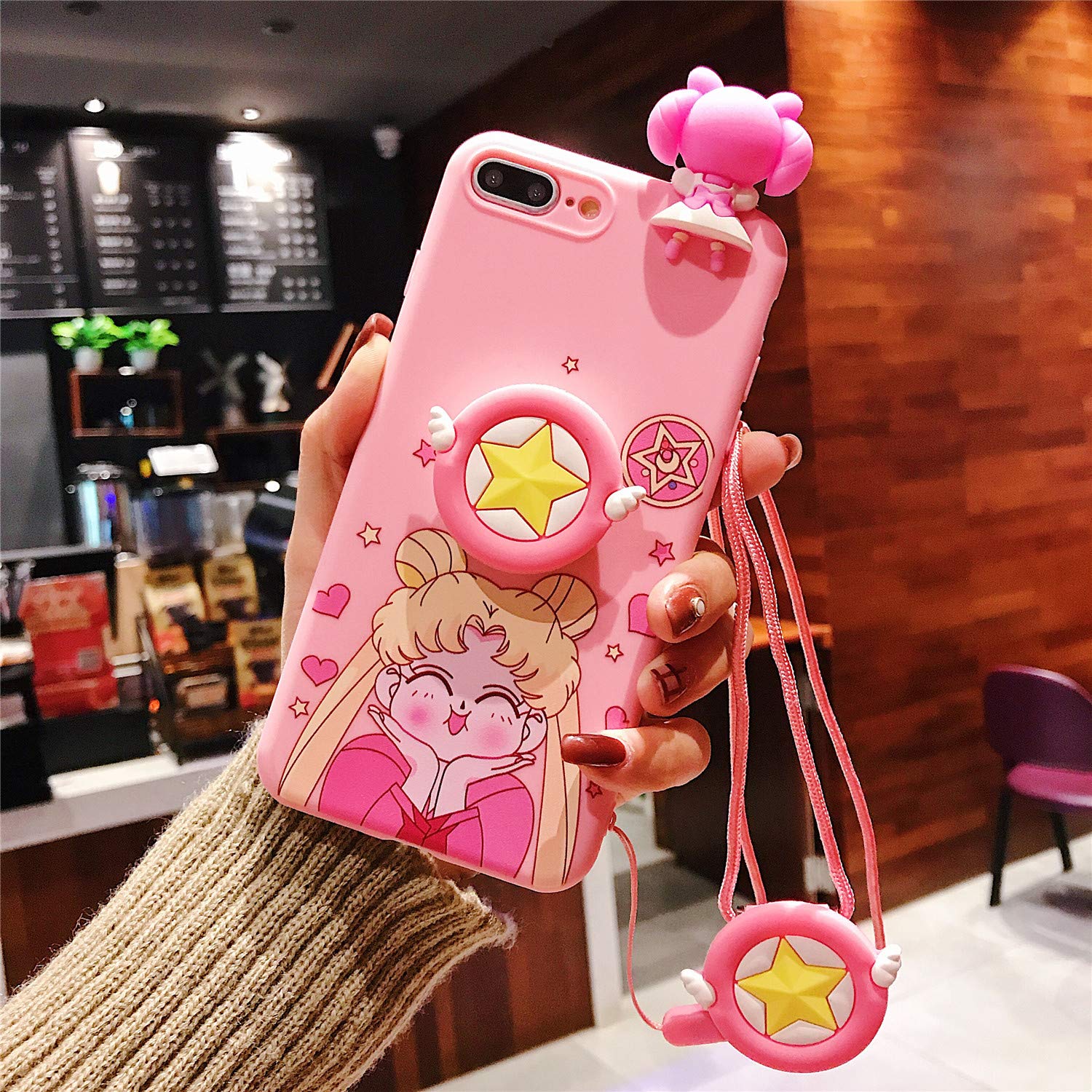 MOQINO Cute Pink Moon Cartoon iPhone Case with Holder Stand & Strap - Soft TPU Protective Cover for iPhone 7 Plus/8 Plus - Perfect for Everyday Use, Travel & Selfies