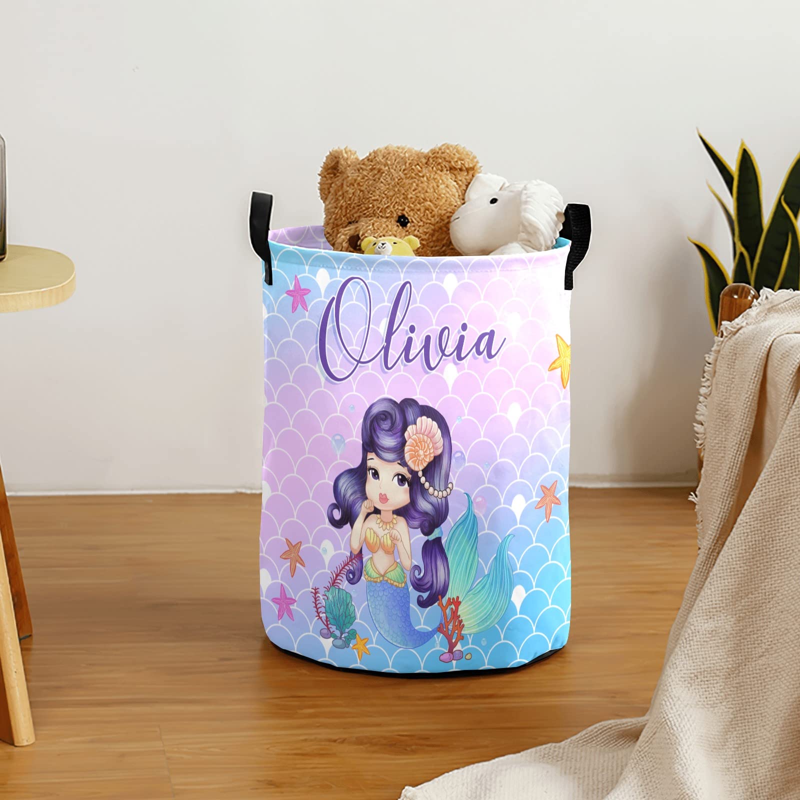 Custom Personalized Mermaid Laundry Basket for Girls with Name - Kids Baby Laundry Hamper Organizer (Style 05) - Perfect for Bedroom, Nursery, and Playroom Storage