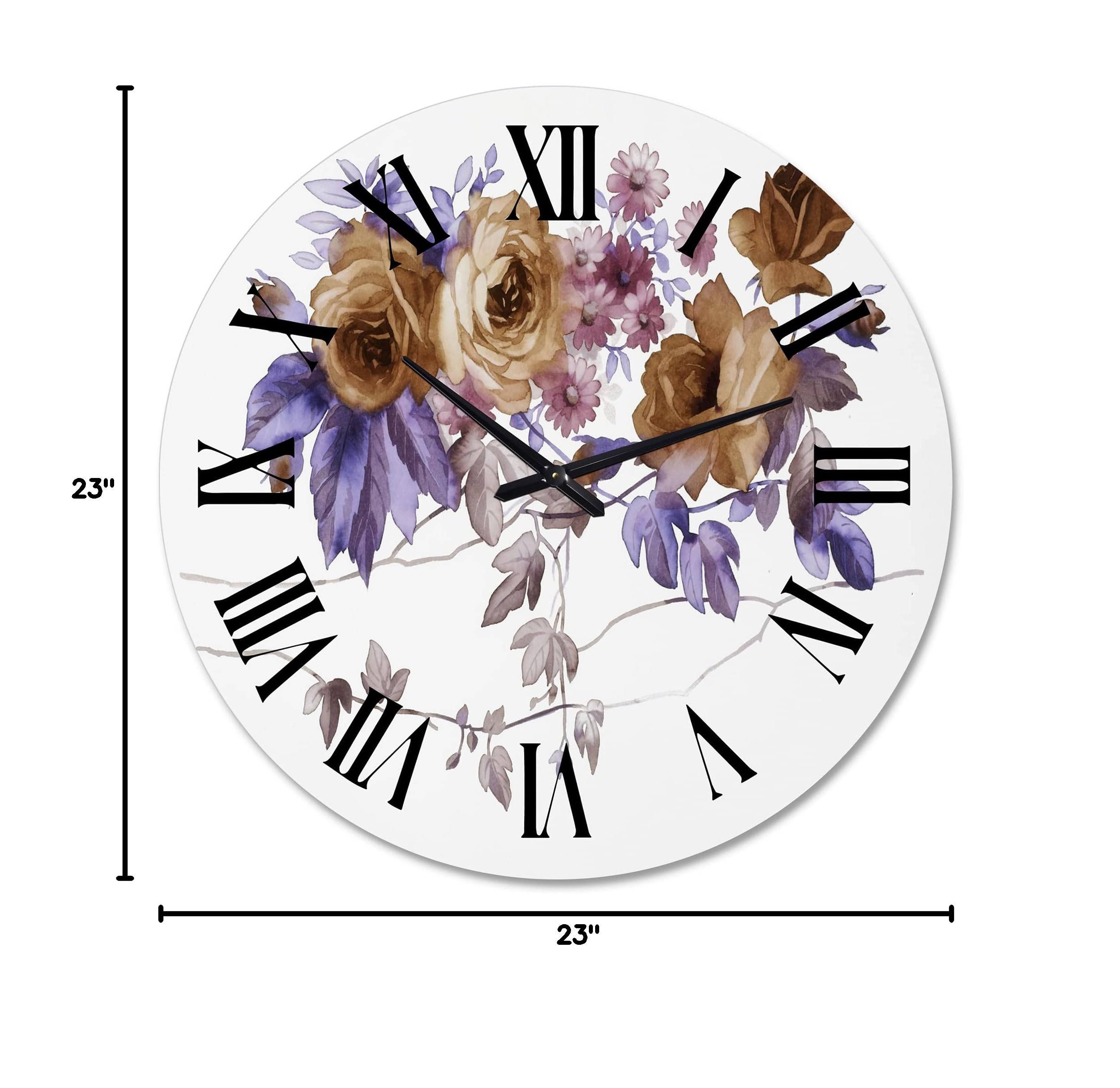 DesignQ Traditional Wall Clock 'Purple Wildflowers IV' - Large Floral & Botanical Wall Clock for Living Room, Bedroom, Office Decor | Perfect for Home, Kitchen, and Office Spaces