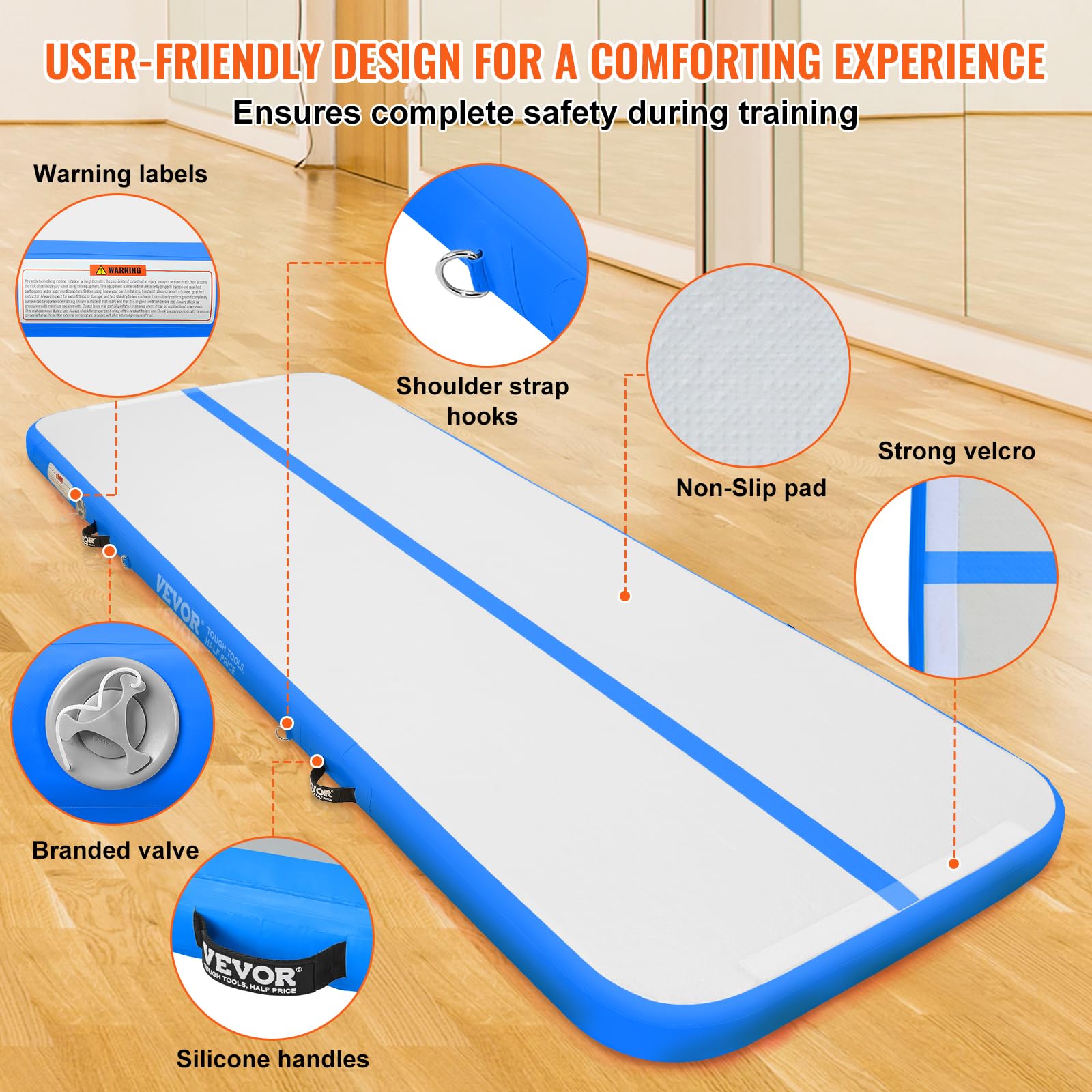 VEVOR 4-Inch Thick Inflatable Gymnastics Air Mat with Electric Pump - 10ft Blue Tumbling Mat for Home Gym, Yoga, Cheerleading, Beach & Park Training - Perfect for Indoor Practice, Outdoor Exercise & Water Activities
