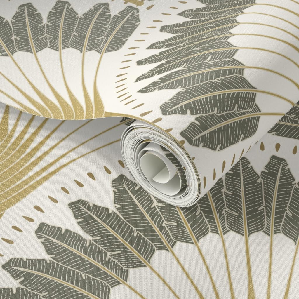 Peel & Stick Wallpaper 12ft x 2ft - Neutral Botanicals with Palm & Art Deco Fan Design | Removable Self-Adhesive Wallpaper for Bedroom, Living Room & Office Decor | Trendy Custom Wall Covering by Spoonflower
