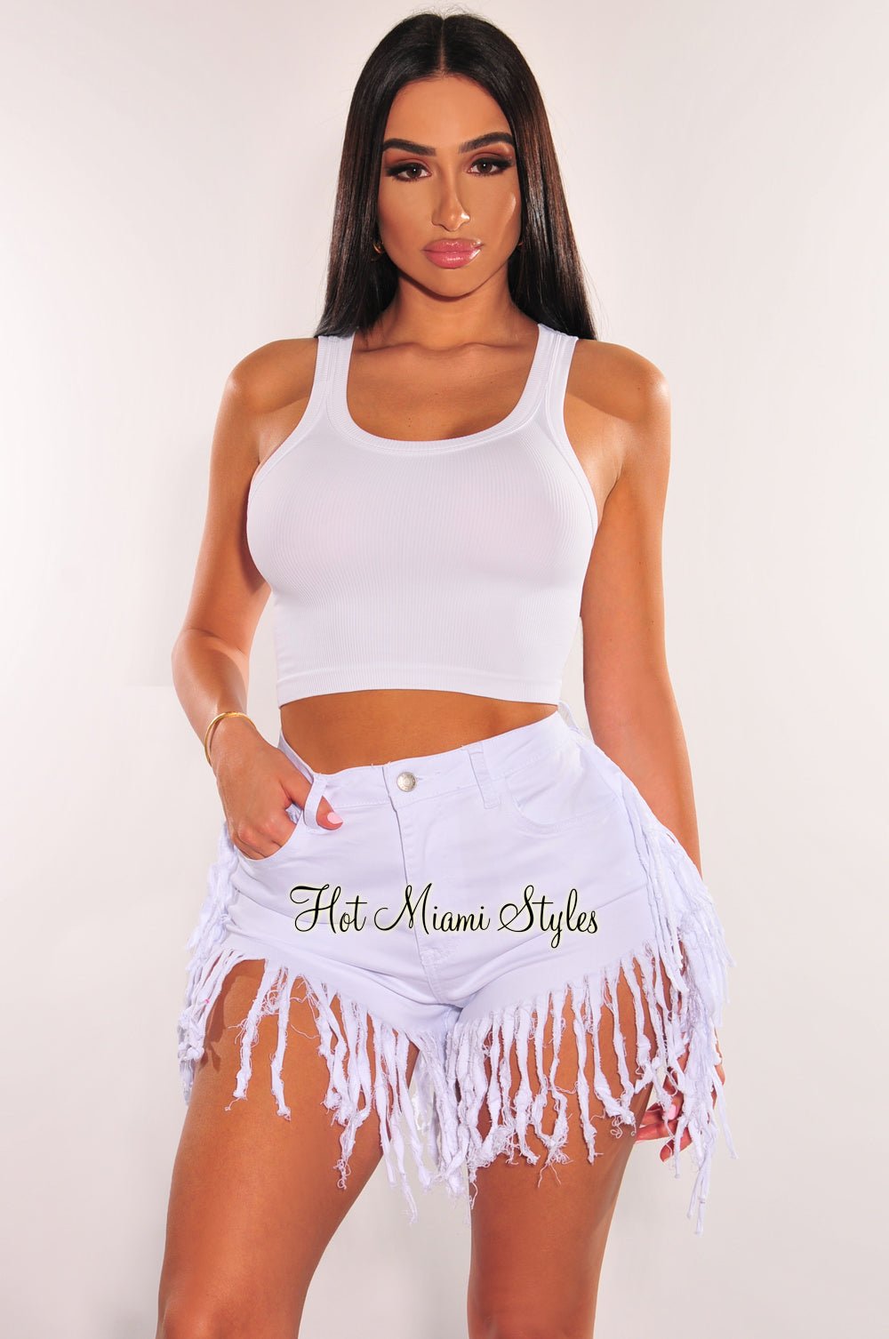Women's White High Waist Denim Shorts with Fringe Hem - Stylish Summer Casual Wear for Beach, Music Festivals & Street Fashion