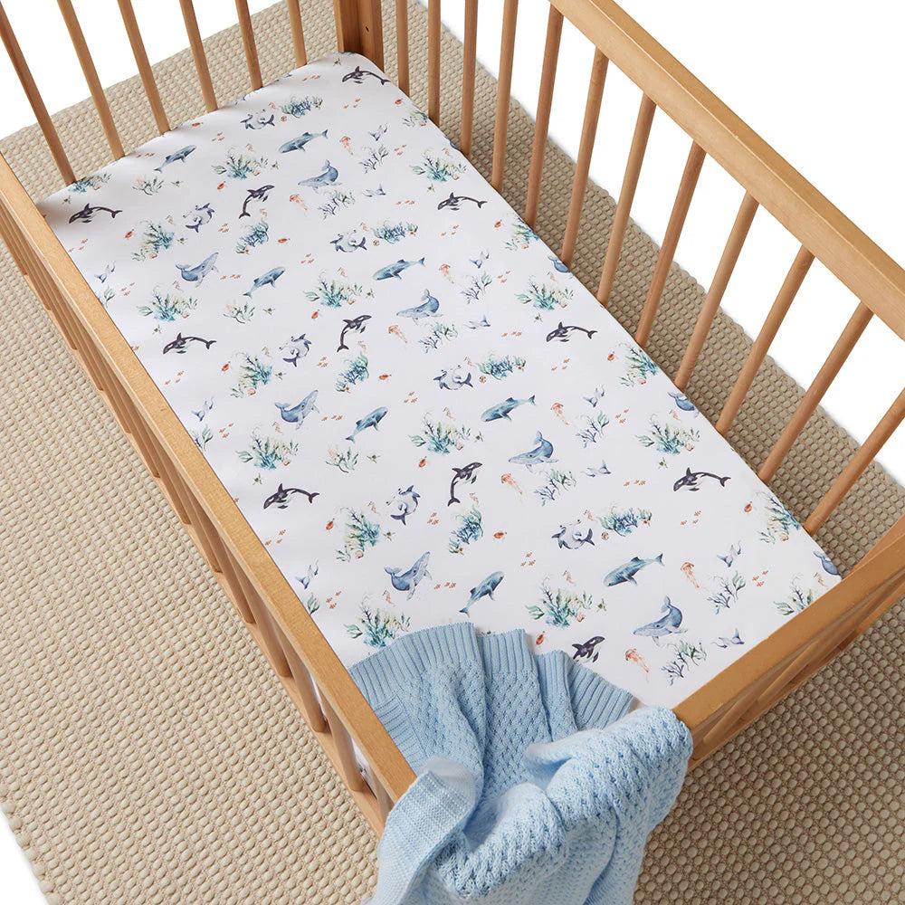 Organic Fitted Jersey Cotton Crib Sheet - Snuggle Hunny - Soft & Breathable Baby Bedding - Ocean Blue - Perfect for Nursery, Daycare & Travel