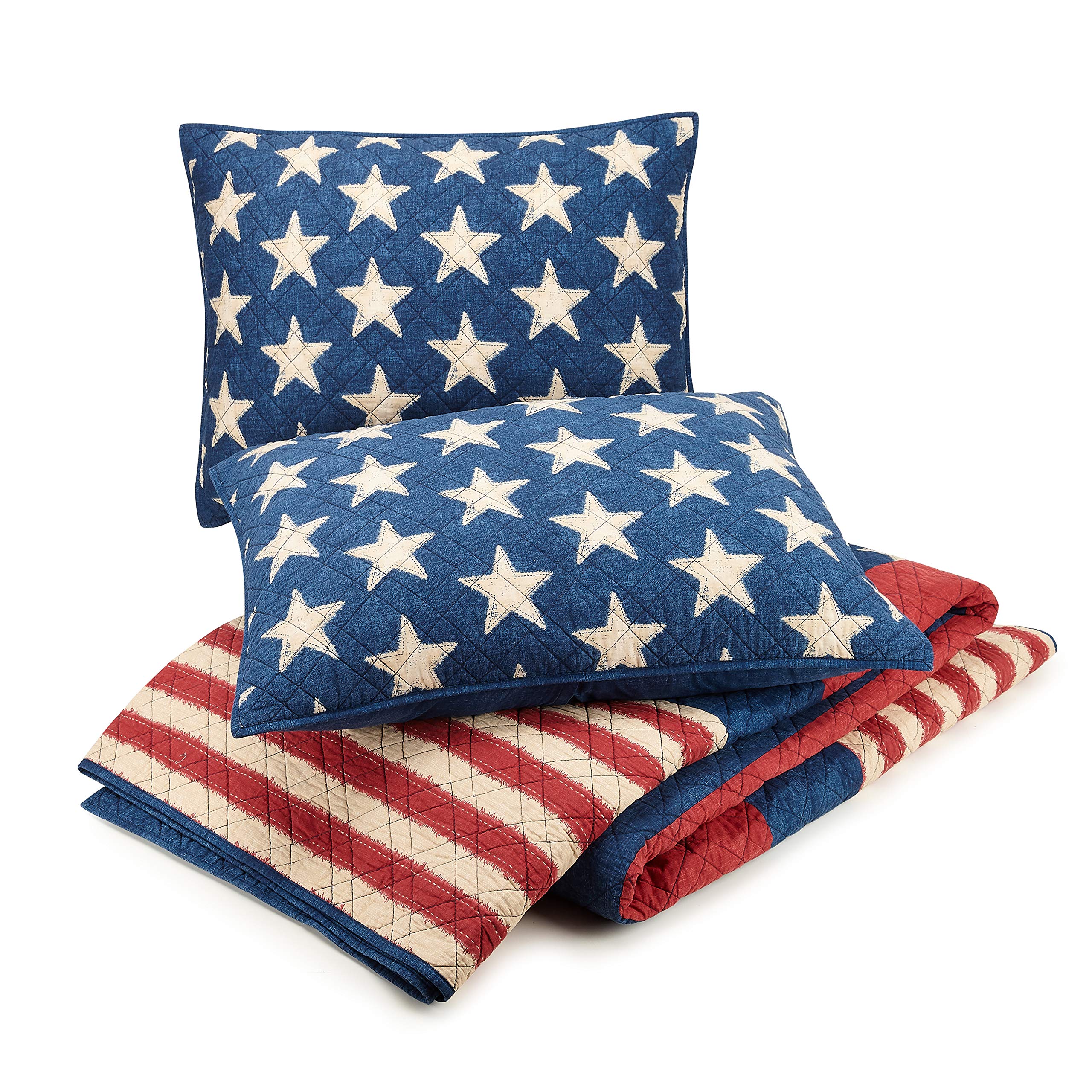 MODERN HEIRLOOM Americana Patchwork Quilt Set - 3-Piece Reversible All-Season Bedding with 2 Shams, Lightweight Coverlet for Full/Queen Size Beds (Red/Blue) - Perfect for Farmhouse Decor, Guest Rooms & Cozy Bedroom Makeovers