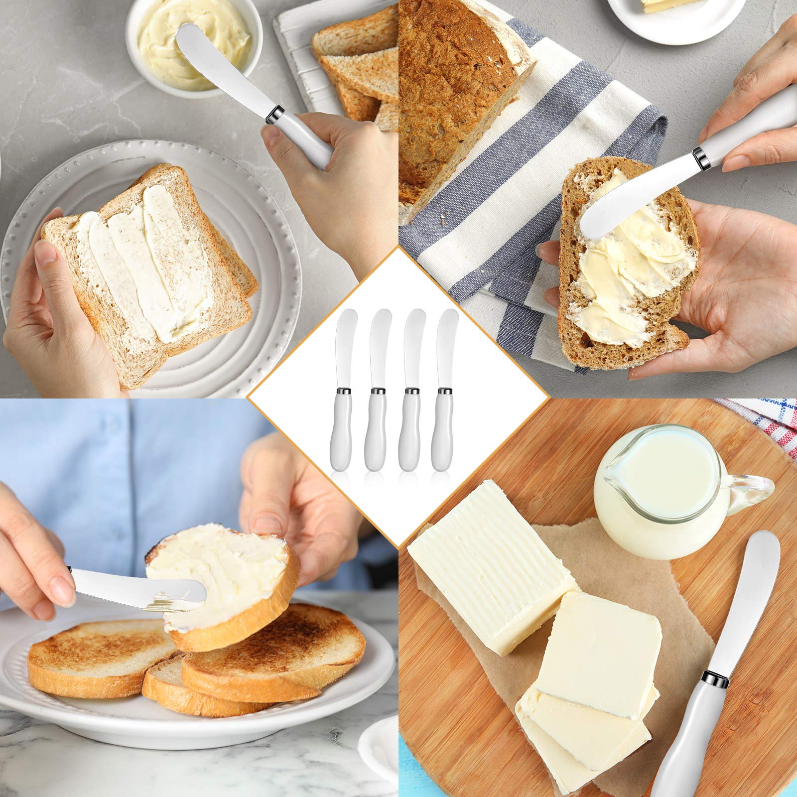 Stainless Steel Cheese Spreader Knife with White Porcelain Handle - 5.74 Inch Multipurpose Butter & Cheese Knife Set of 4 - Perfect for Charcuterie Boards, Wine Parties & Kitchen Use
