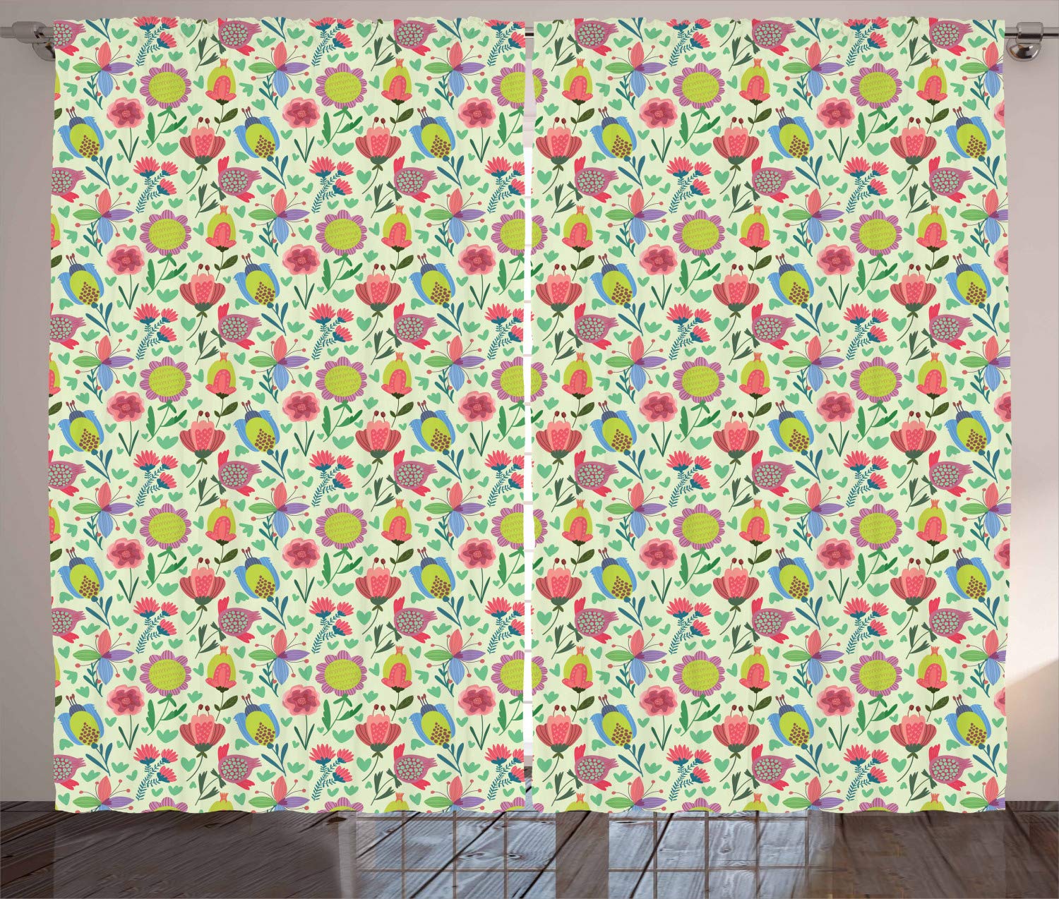 Ambesonne Dutch Floral Curtains - Colorful Doodle Tulips on Pale Green Background, 2 Panel Window Drapes Set 108