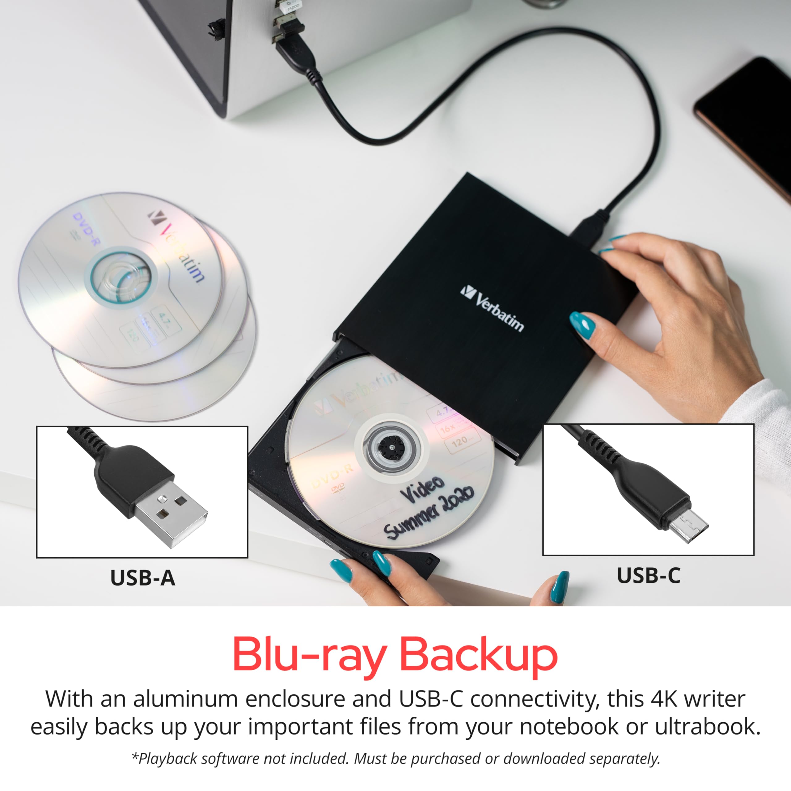 Verbatim Slimline External Blu-ray Writer & Reader - USB 3.2 Gen 1 with USB-C Connection - Ultra HD 4K Playback - Compact Design for Laptops & Desktop PCs - Perfect for Home Theater & Media Backup