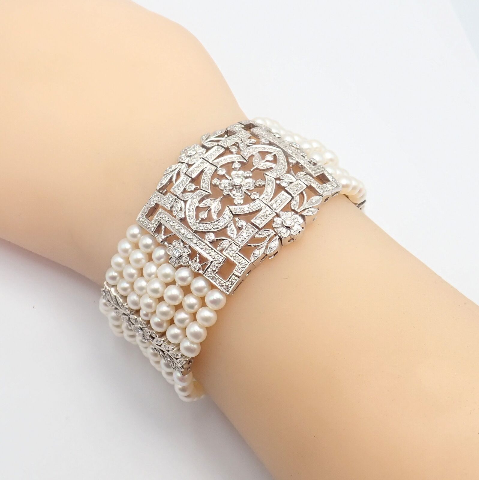 Vintage 18k White Gold Diamond & Pearl Bracelet - 7 Rows 4.5mm Pearls, Elegant Estate Jewelry for Women - Perfect for Weddings, Anniversaries & Special Occasions