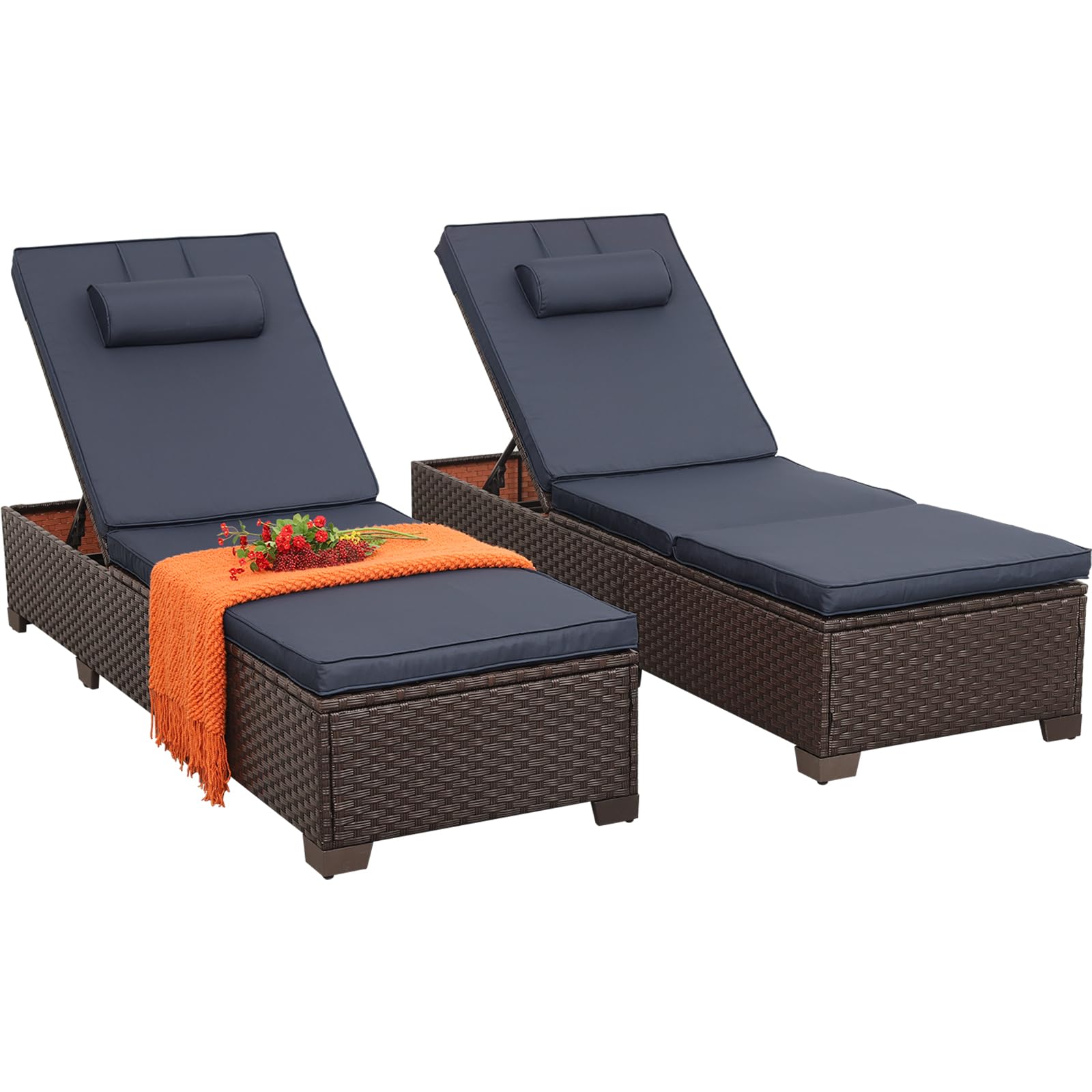 2-Piece Brown Wicker Outdoor Chaise Lounge Set - Adjustable Backrest with Blue Cushions & Headrest - Perfect for Poolside, Patio, Garden Relaxation