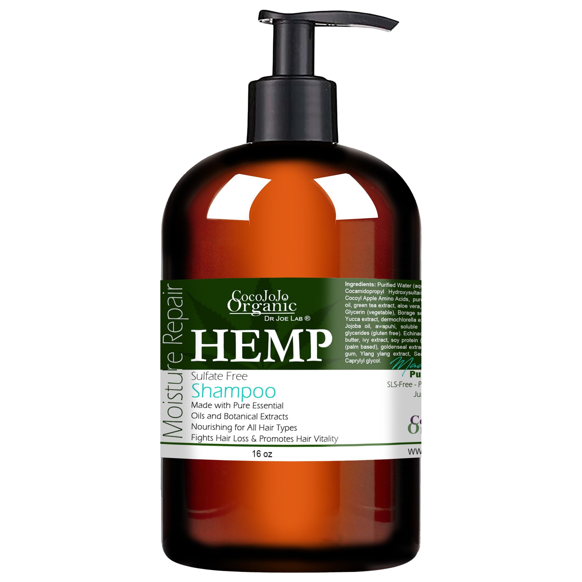 Organic Hemp Shampoo 16 oz - Volumizing & Hydrating Formula with Hemp Seed Oil, Jojoba & Green Tea - Sulfate Free, Paraben Free for Dry, Thinning, Brittle Hair - All Hair Types - Perfect for Daily Hair Care & Scalp Nourishment