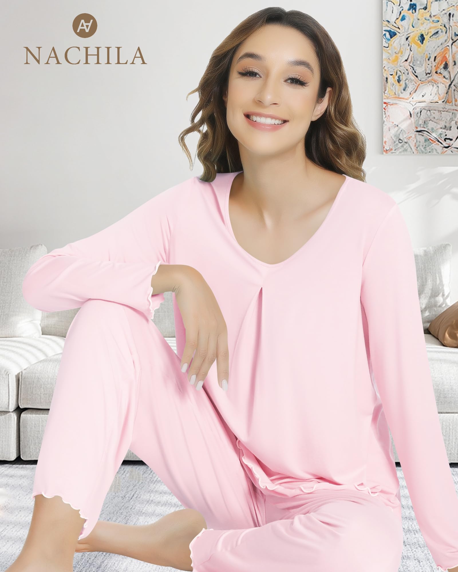 NACHILA Women's Bamboo Viscose Long Sleeve Pajama Set - Soft Sleepwear with Pockets & Pleated Pants for Cozy Nights | Lounge Wear, Sleepwear, Gift for Her