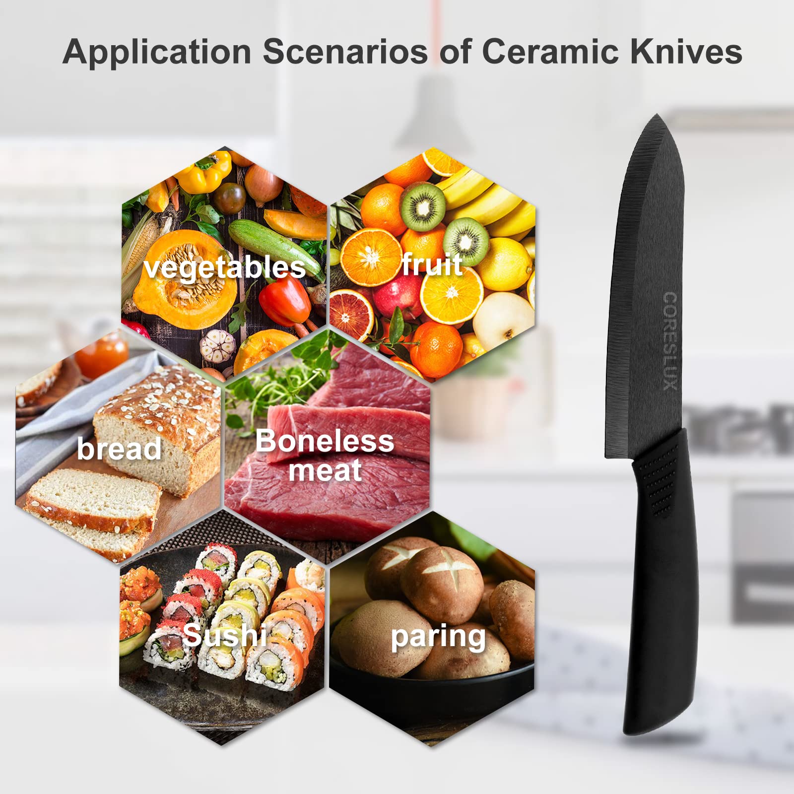 Premium 6-Piece Ceramic Knife Set - CORESLUX Ultra Sharp Kitchen Knives with 6