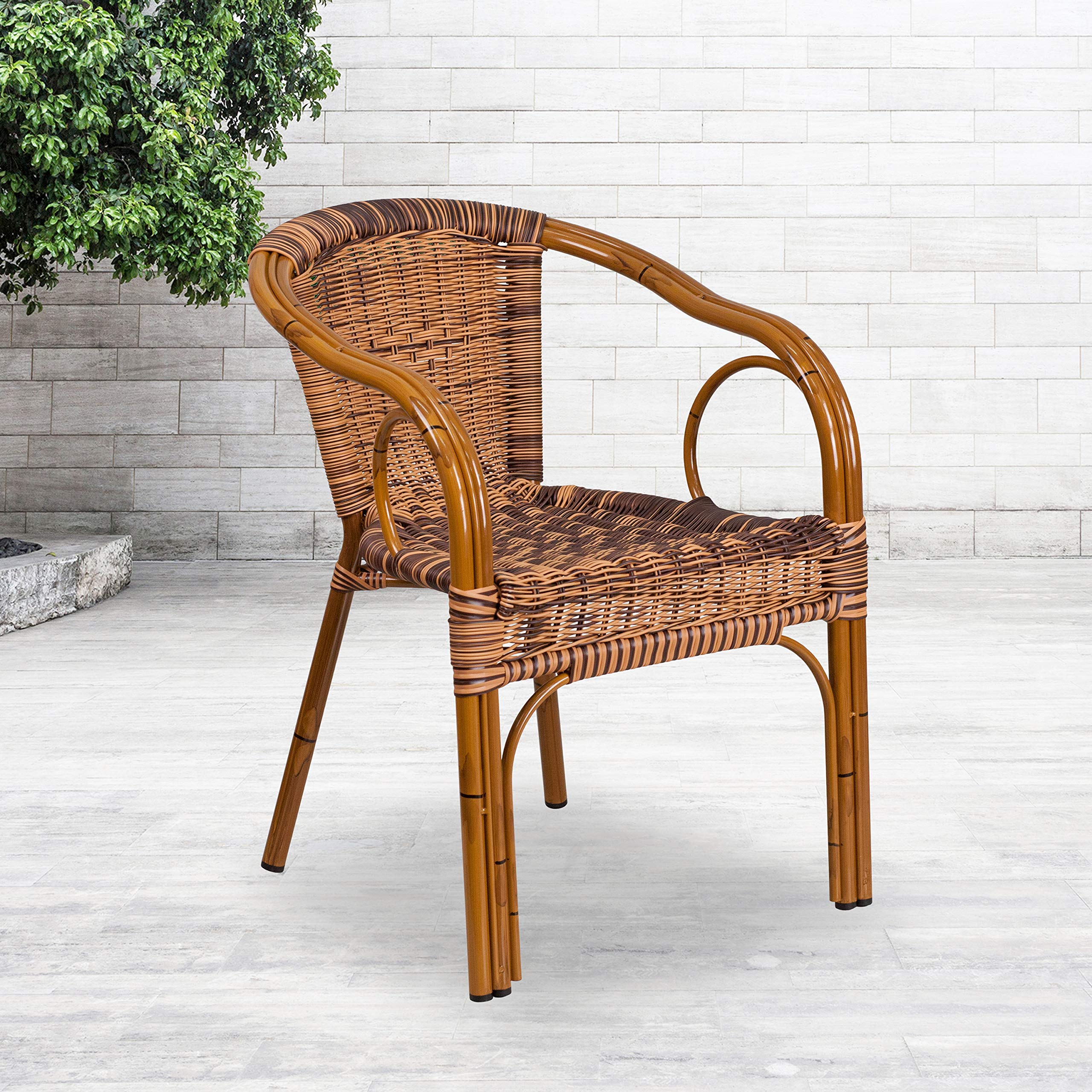 Flash Furniture Cadiz Series Dark Red Bamboo-Aluminum Indoor-Outdoor Dining Chair with Burning Brown Rattan - Perfect for Restaurants, Patios, Cafes, and Backyard Entertaining