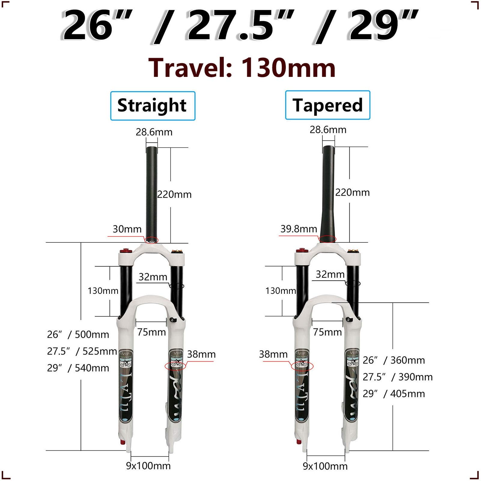 130mm Travel Mountain Bike Suspension Fork - Air Shock Absorber with Rebound Adjust for 26/27.5/29 Inch Wheels | Straight Manual Lock Out | Perfect for Trail Riding, Downhill & Cross-Country Cycling