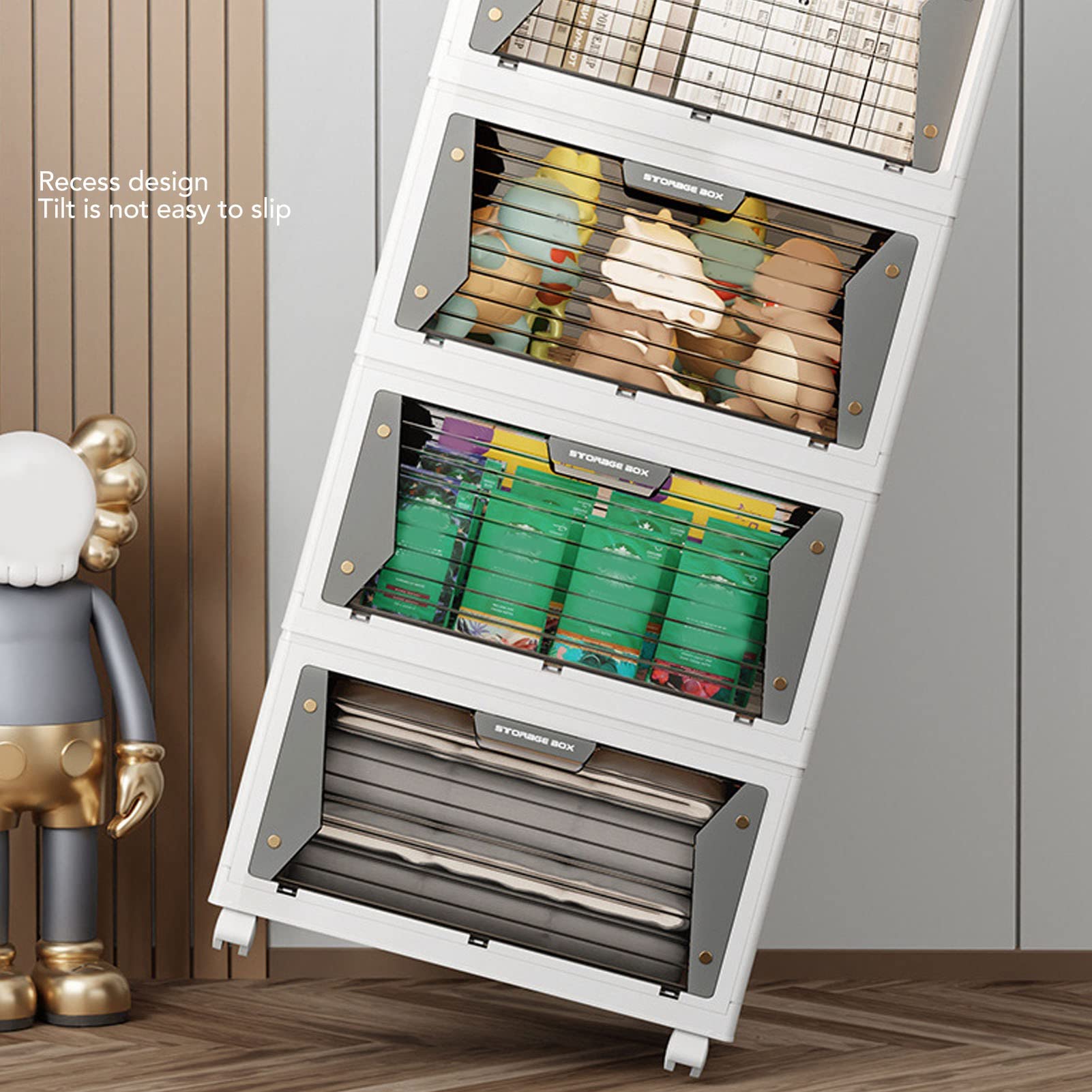 Stackable Folding Storage Bins with Magnetic Suction & Wheels - 3-Tier Organizer Box for Home, Office, Closet & Kitchen Organization - Space Saving Storage Container for Toys, Clothes & Household Items