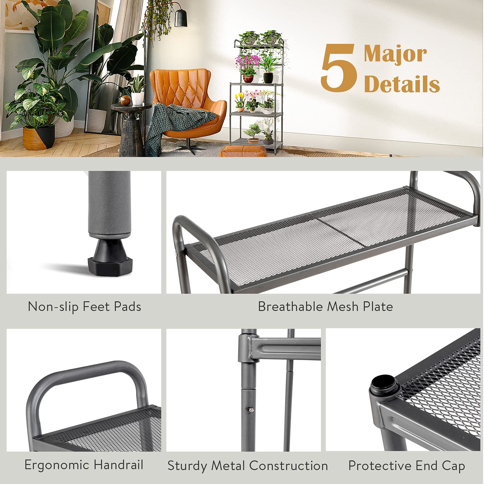 PETSITE 4-Tier Metal Baker's Rack with Microwave Stand - Kitchen Storage Shelf for Spices, Pots & Pans - Space-Saving Grey Utility Rack for Small Kitchens, Apartments & Dorm Rooms