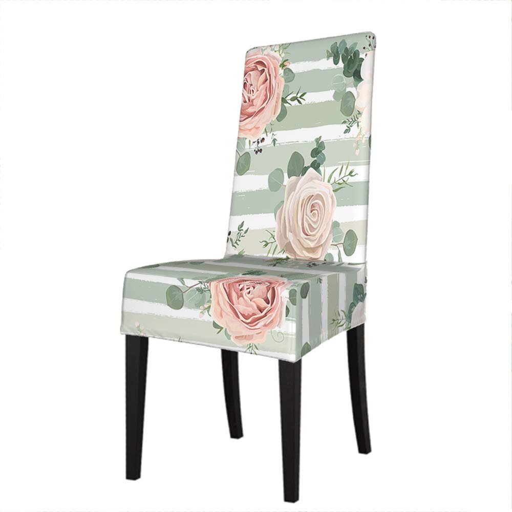 Moslion White Pink Anemone Flower Dining Chair Covers - Eucalyptus Herb Leaf Botanical Green & White Stripe Slipcovers | Removable Washable Soft Chair Protector | Perfect for Dining Room, Kitchen, Living Room & Home Decor