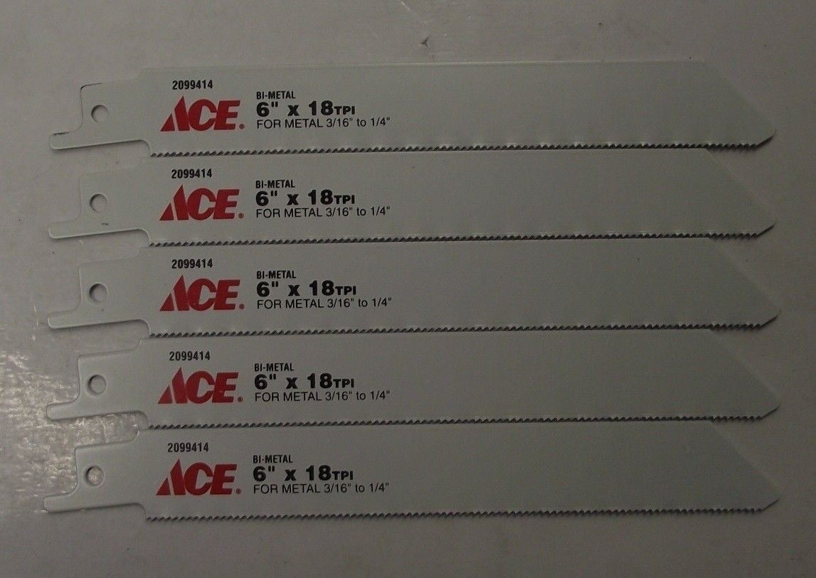 ACE 2099414 6-Inch 18TPI Bi-Metal Reciprocating Saw Blades - 5-Pack for Cutting Metal, Wood & PVC - Ideal for Demolition, Construction & DIY Projects