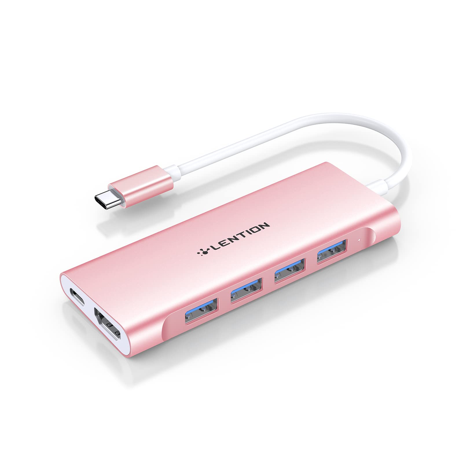 LENTION USB-C Hub 8-in-1 with 4K HDMI, 100W PD Charging, 4 USB 3.0 Ports, SD/TF Card Reader - Compatible with MacBook Pro/Air, Surface, Chromebook, iPhone 15 - Rose Gold | Perfect for Home Office, Travel & Multi-Screen Workstations